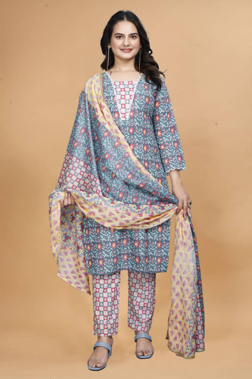 Sanwariya Silks Cotton Printed Kurti With Pants Women's Stitched Salwar Suit - Light Grey ( Pack of 1 ) Sanwariya Silks Cotton Printed Kurti With Pants Women's Stitched Salwar Suit - Light Grey ( Pack of 1 )