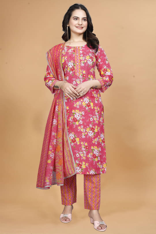 Sanwariya Silks Cotton Printed Kurti With Pants Women's Stitched Salwar Suit - Pink ( Pack of 1 ) Sanwariya Silks Cotton Printed Kurti With Pants Women's Stitched Salwar Suit - Pink ( Pack of 1 )
