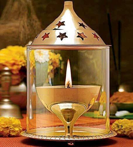     			T-KA108 Brass Akhand Diya with Borosilicate Glass Brass Table Diya Set By T-KA108 Height 6 inches