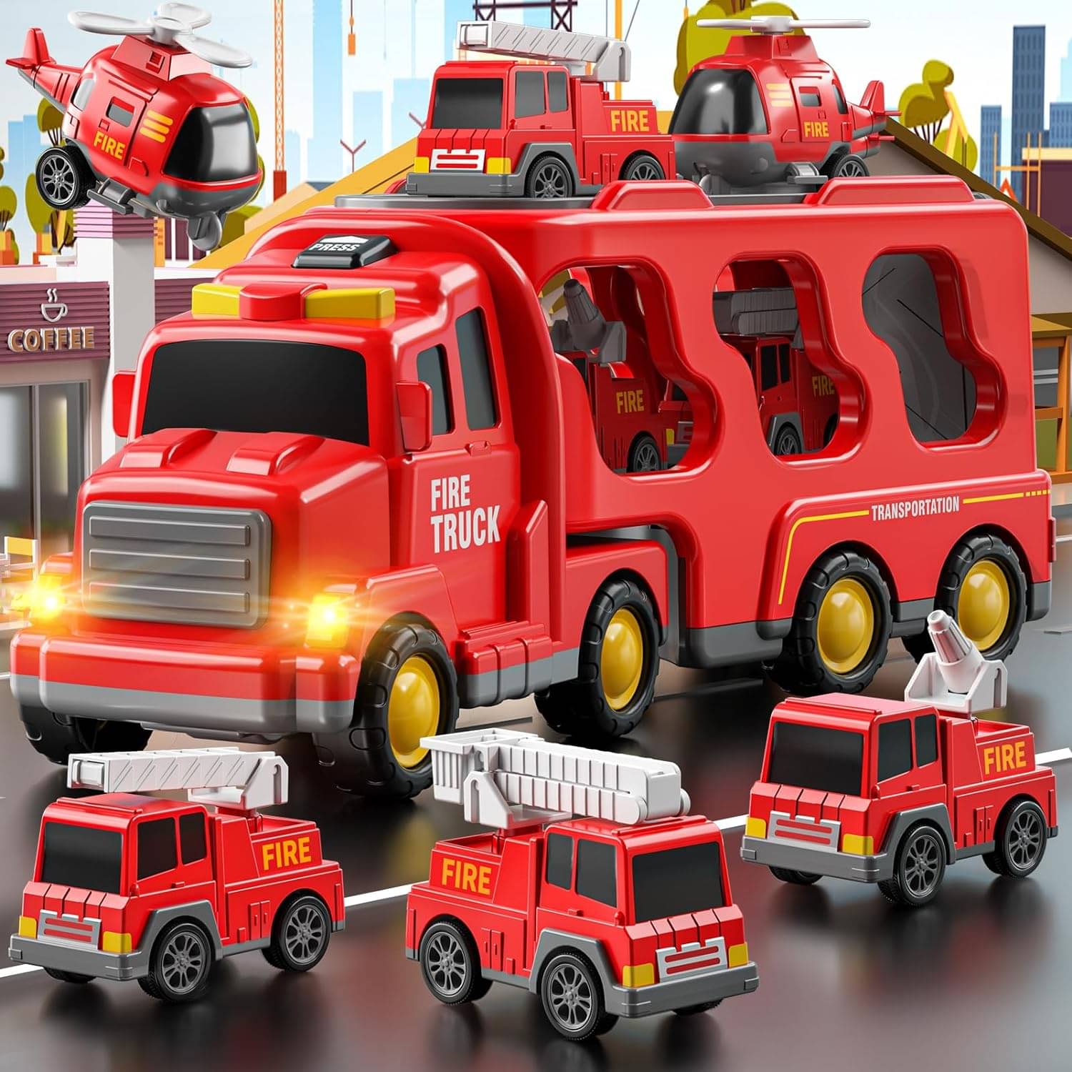 Toybharat Fire Carrier Truck Set | Battery Operated Light & Sound Effect Truck Kids Toy Toybharat Fire Carrier Truck Set | Battery Operated Light & Sound Effect Truck Kids Toy