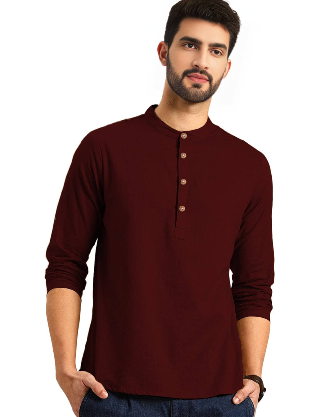 Trendi Vastra Maroon Cotton Blend Men's Shirt Style Kurta ( Pack of 1 ) Trendi Vastra Maroon Cotton Blend Men's Shirt Style Kurta ( Pack of 1 )