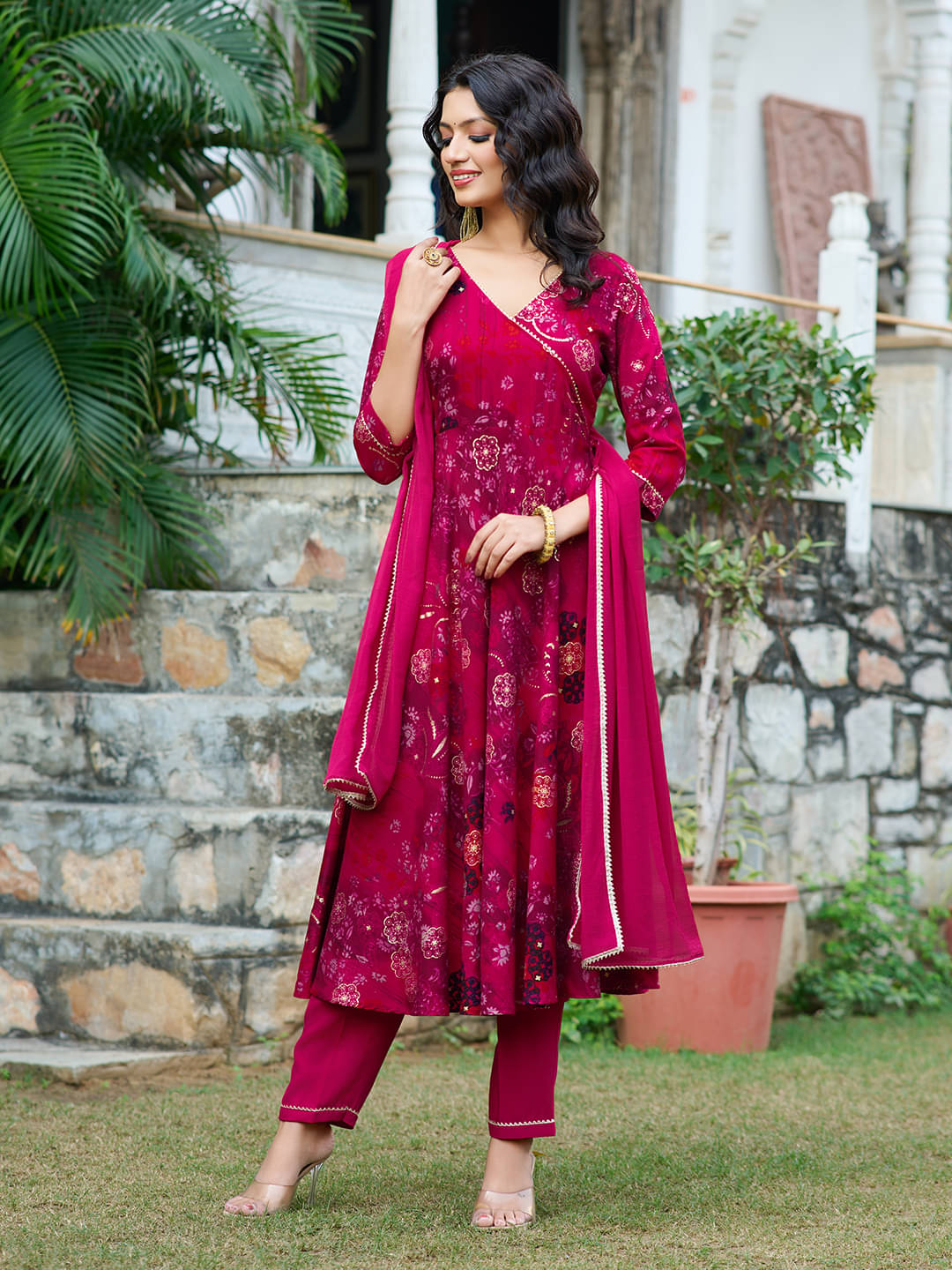     			VIBE VISION Silk Blend Printed Kurti With Pants Women's Stitched Salwar Suit - Pink ( Pack of 1 )