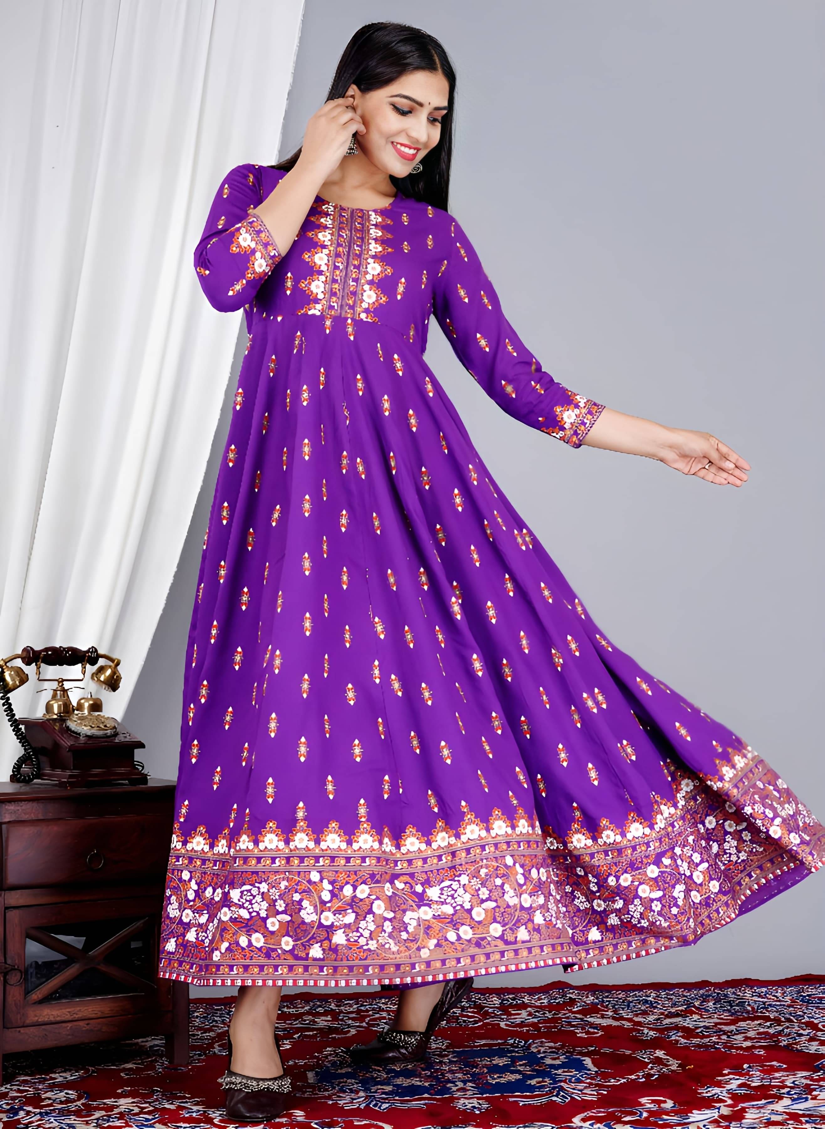 VKASHFAB Pack of 1 Rayon Printed Anarkali Women's Kurti - ( Purple ) VKASHFAB Pack of 1 Rayon Printed Anarkali Women's Kurti - ( Purple )