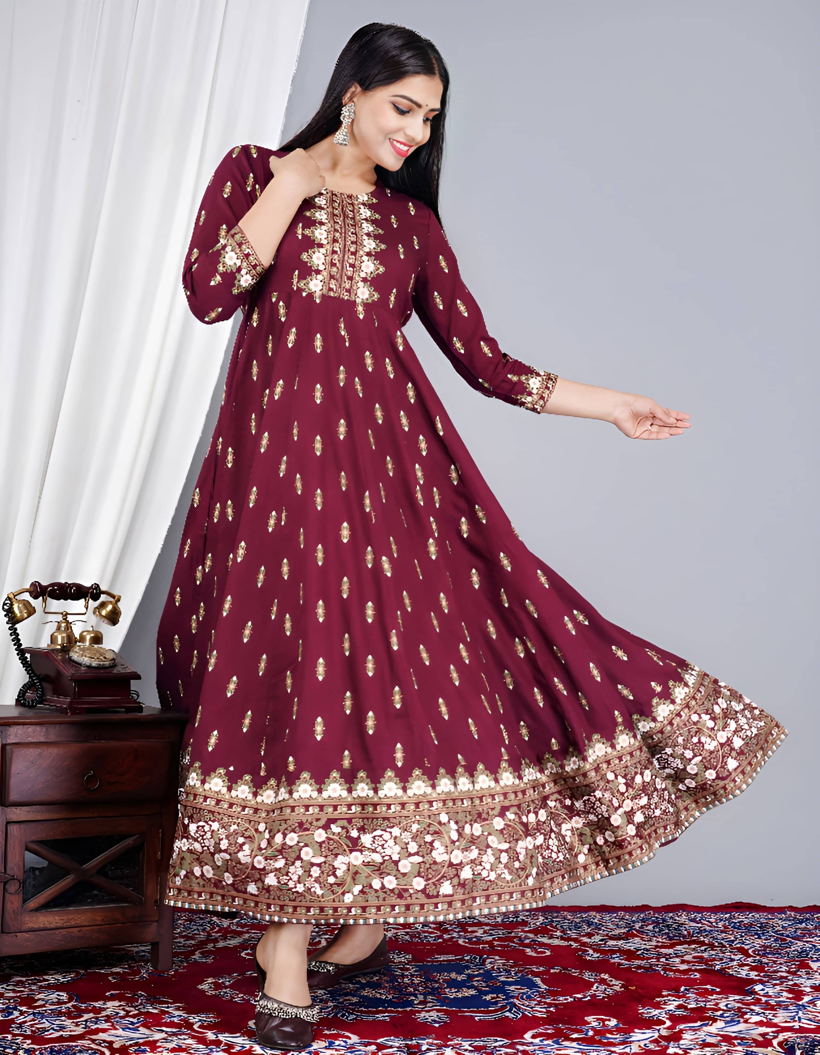 VKASHFAB Pack of 1 Rayon Printed Anarkali Women's Kurti - ( Maroon ) VKASHFAB Pack of 1 Rayon Printed Anarkali Women's Kurti - ( Maroon )