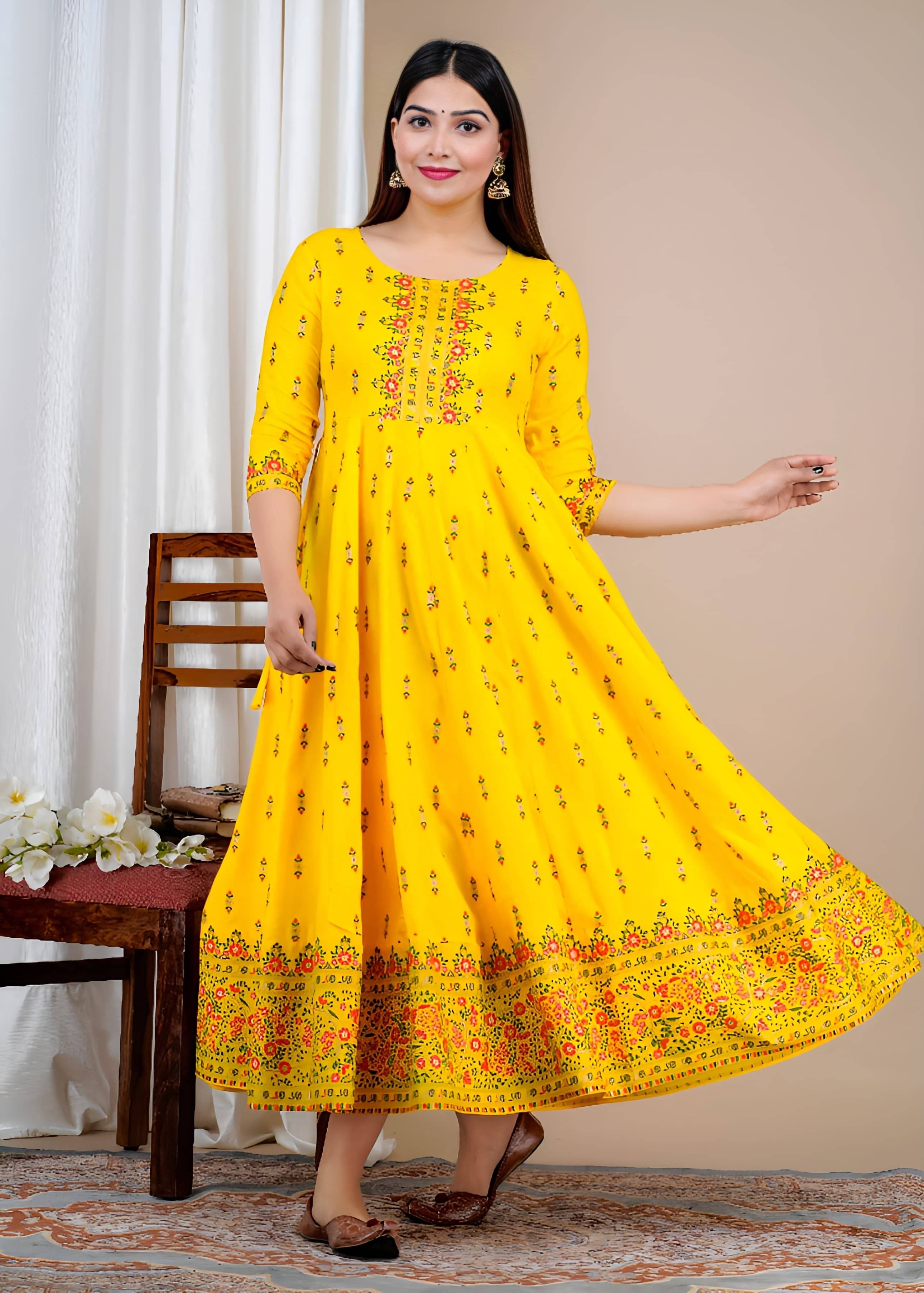 VKASHFAB Pack of 1 Rayon Printed Anarkali Women's Kurti - ( Yellow ) VKASHFAB Pack of 1 Rayon Printed Anarkali Women's Kurti - ( Yellow )