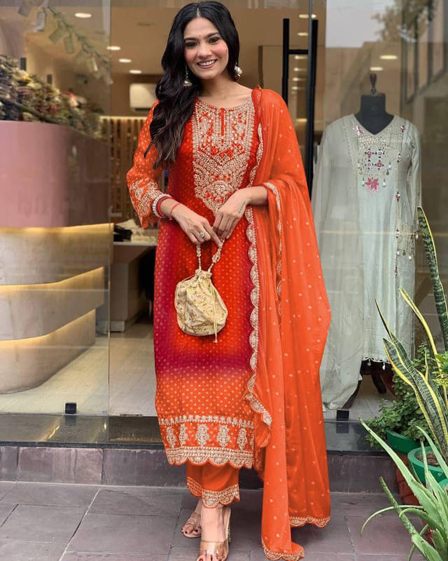 VYOM EMPORIO Chanderi Silk Embellished Kurti With Pants Women's Stitched Salwar Suit - Orange ( Pack of 1 ) VYOM EMPORIO Chanderi Silk Embellished Kurti With Pants Women's Stitched Salwar Suit - Orange ( Pack of 1 )