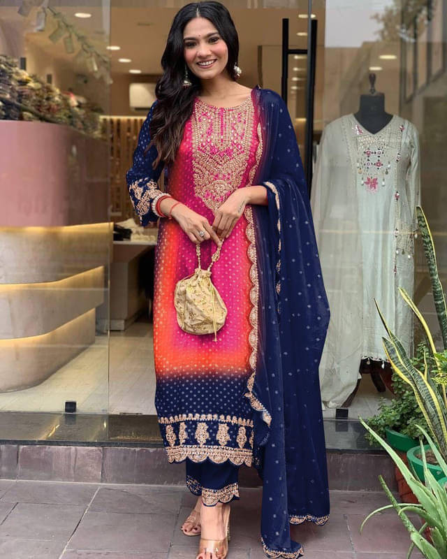 VYOM EMPORIO Chanderi Silk Embellished Kurti With Pants Women's Stitched Salwar Suit - Blue ( Pack of 1 ) VYOM EMPORIO Chanderi Silk Embellished Kurti With Pants Women's Stitched Salwar Suit - Blue ( Pack of 1 )