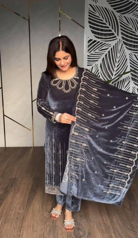 VYOM EMPORIO Velvet Embroidered Kurti With Pants Women's Stitched Salwar Suit - Grey ( Pack of 1 ) VYOM EMPORIO Velvet Embroidered Kurti With Pants Women's Stitched Salwar Suit - Grey ( Pack of 1 )