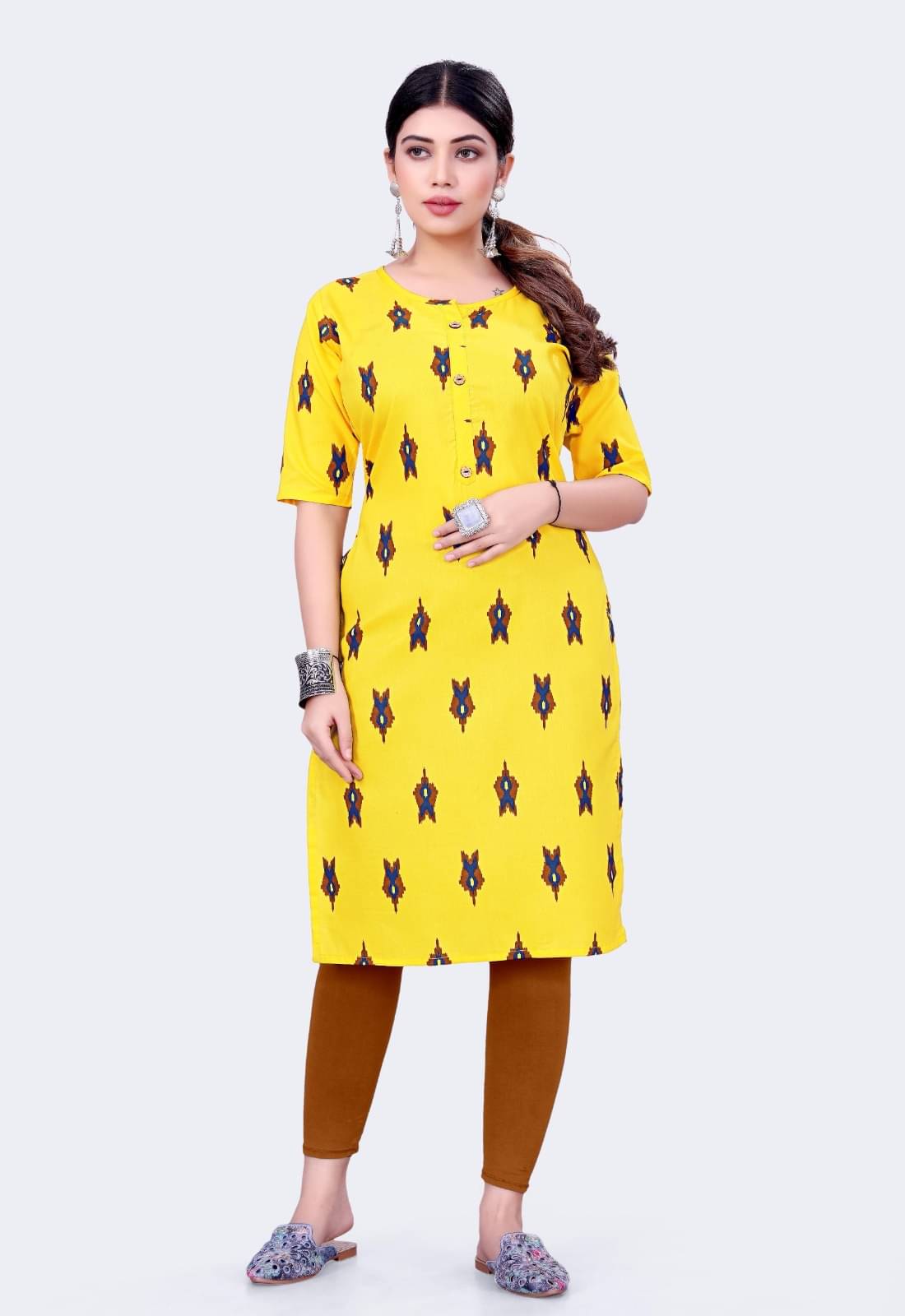     			silky style Pack of 1 Cotton Printed Straight Women's Kurti - ( Yellow )