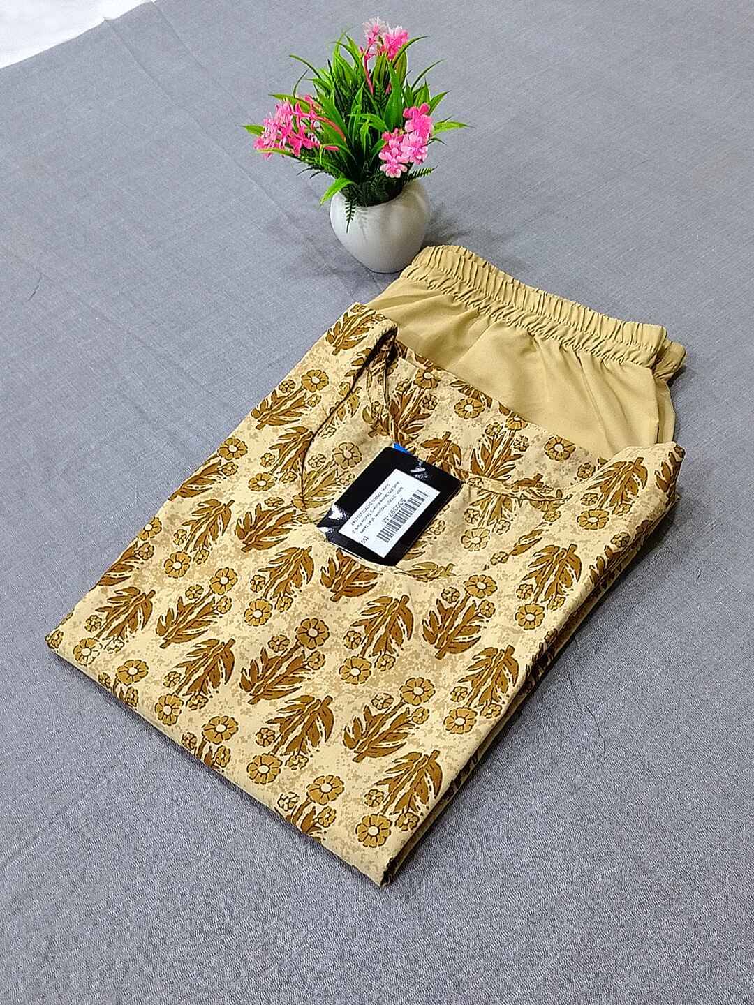     			1 Stop Fashion Crepe Printed Kurti With Pants Women's Stitched Salwar Suit - Beige ( Pack of 1 )