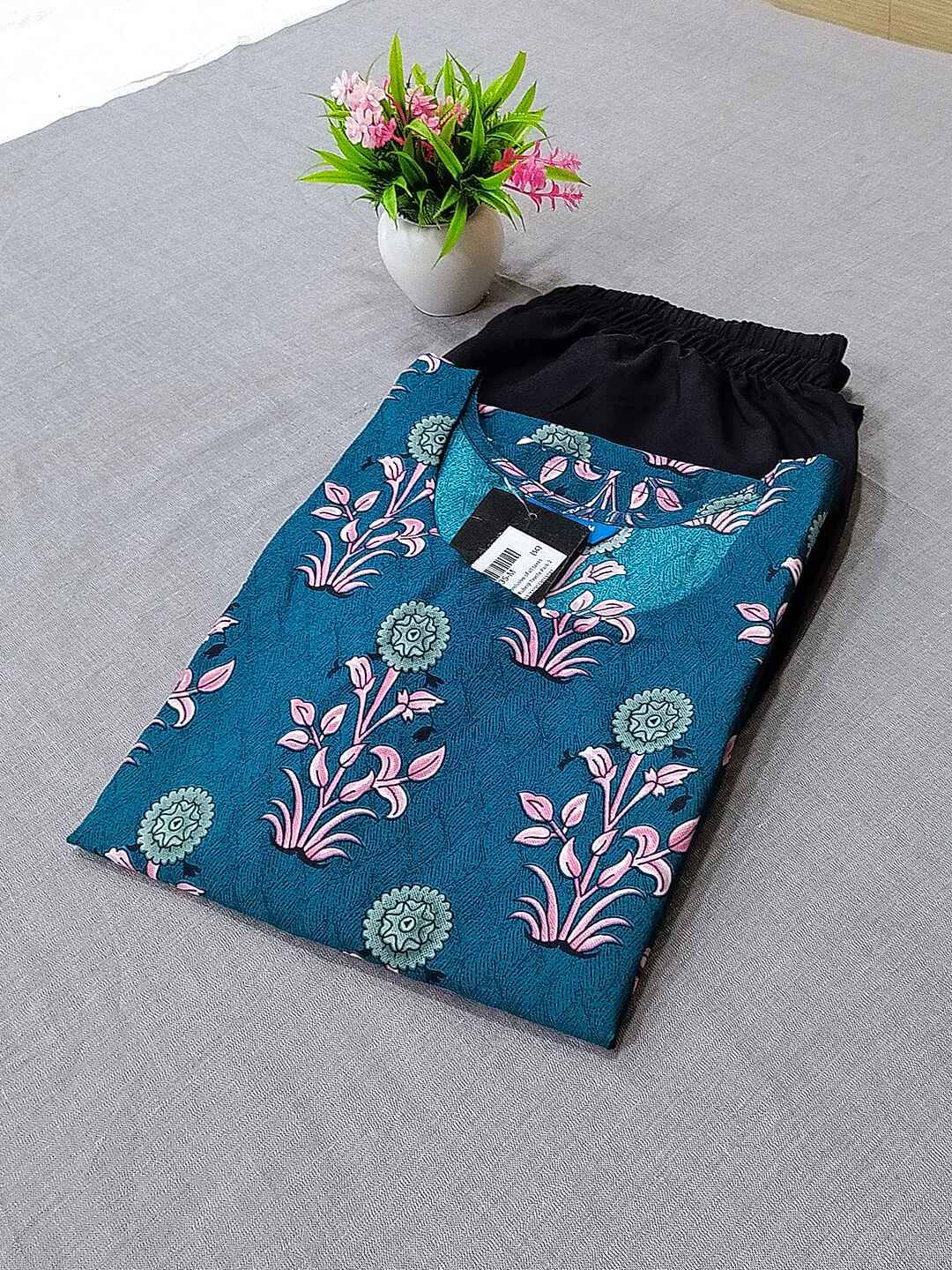     			1 Stop Fashion Crepe Printed Kurti With Pants Women's Stitched Salwar Suit - Teal ( Pack of 1 )