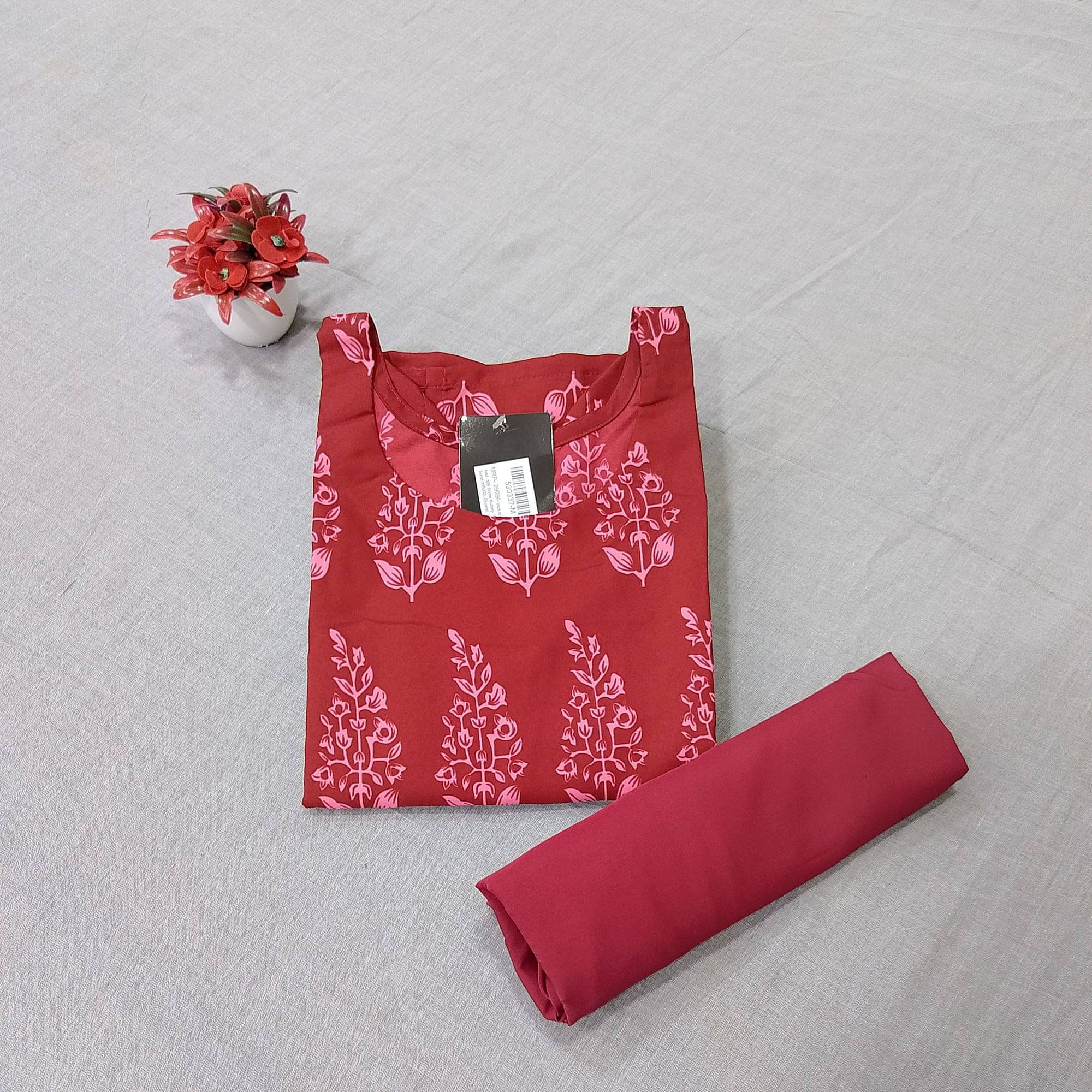 1 Stop Fashion Crepe Printed Kurti With Pants Women's Stitched Salwar Suit - Red ( Pack of 1 )     			1 Stop Fashion Crepe Printed Kurti With Pants Women's Stitched Salwar Suit - Red ( Pack of 1 )
