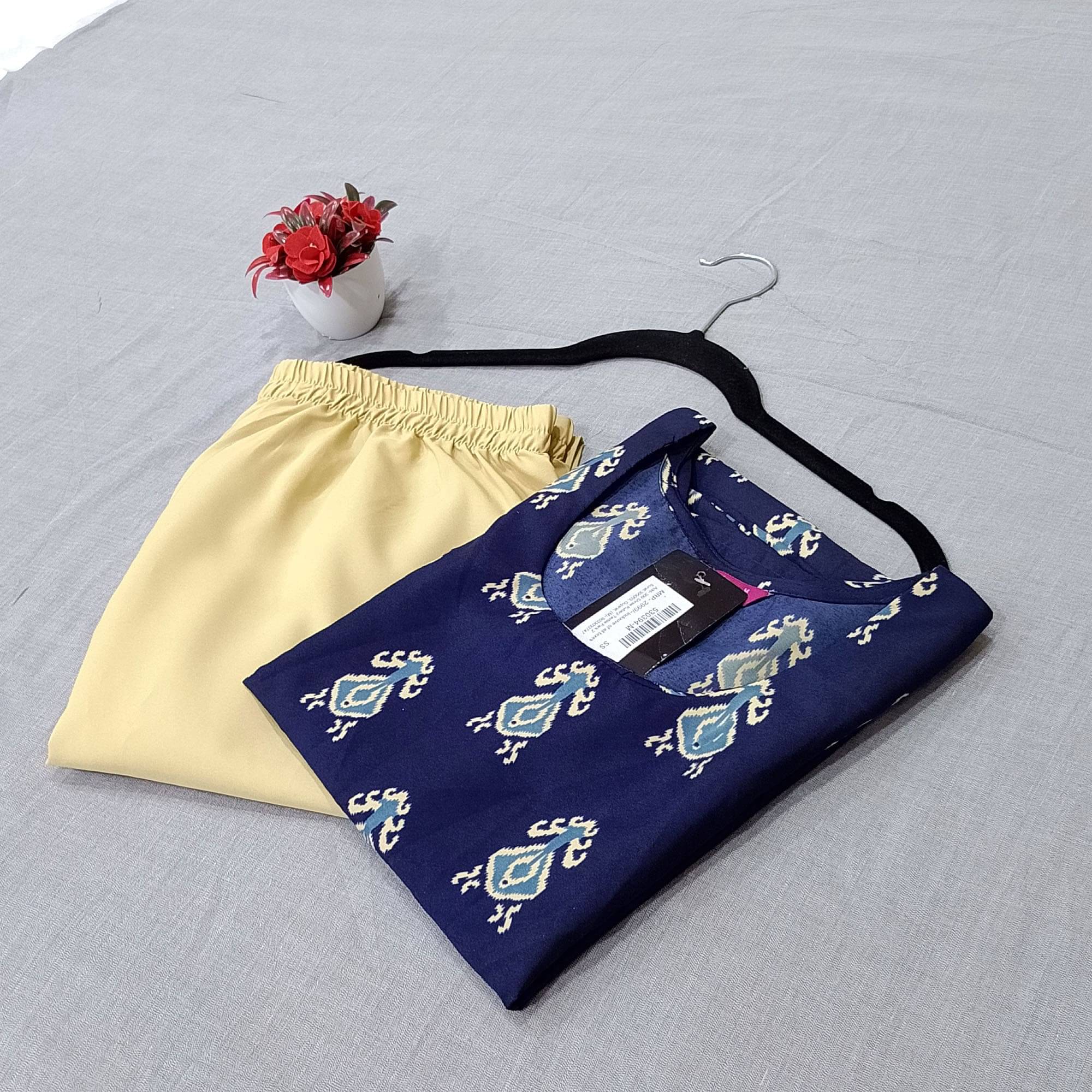 1 Stop Fashion Crepe Printed Kurti With Pants Women's Stitched Salwar Suit - Navy ( Pack of 1 ) 1 Stop Fashion Crepe Printed Kurti With Pants Women's Stitched Salwar Suit - Navy ( Pack of 1 )