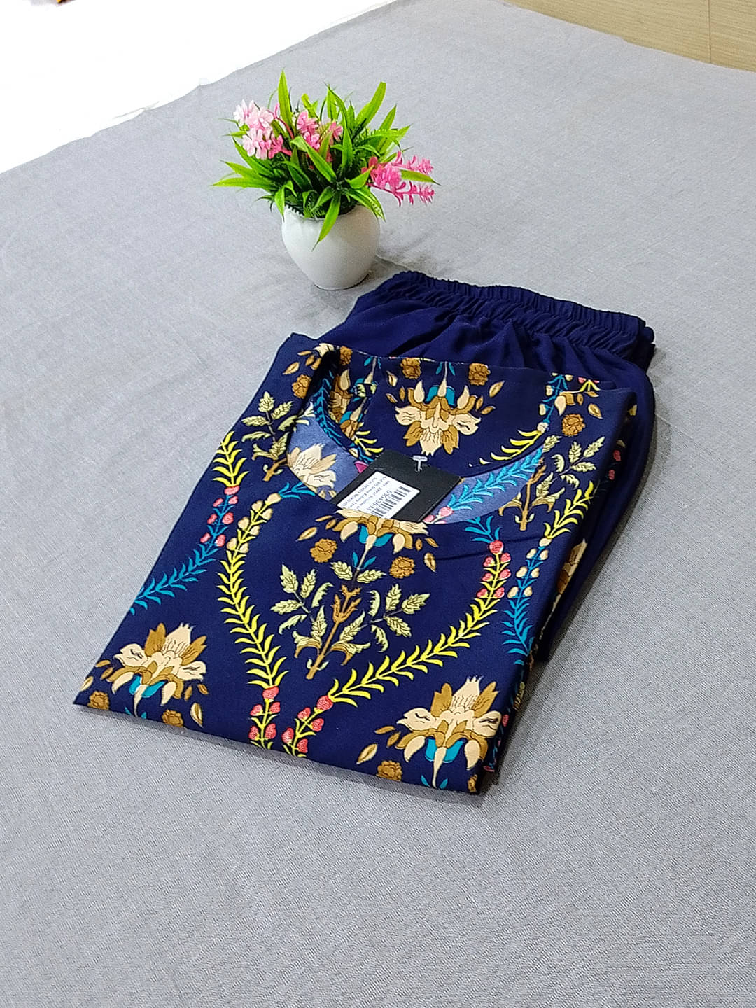     			1 Stop Fashion Crepe Printed Kurti With Pants Women's Stitched Salwar Suit - Blue ( Pack of 1 )
