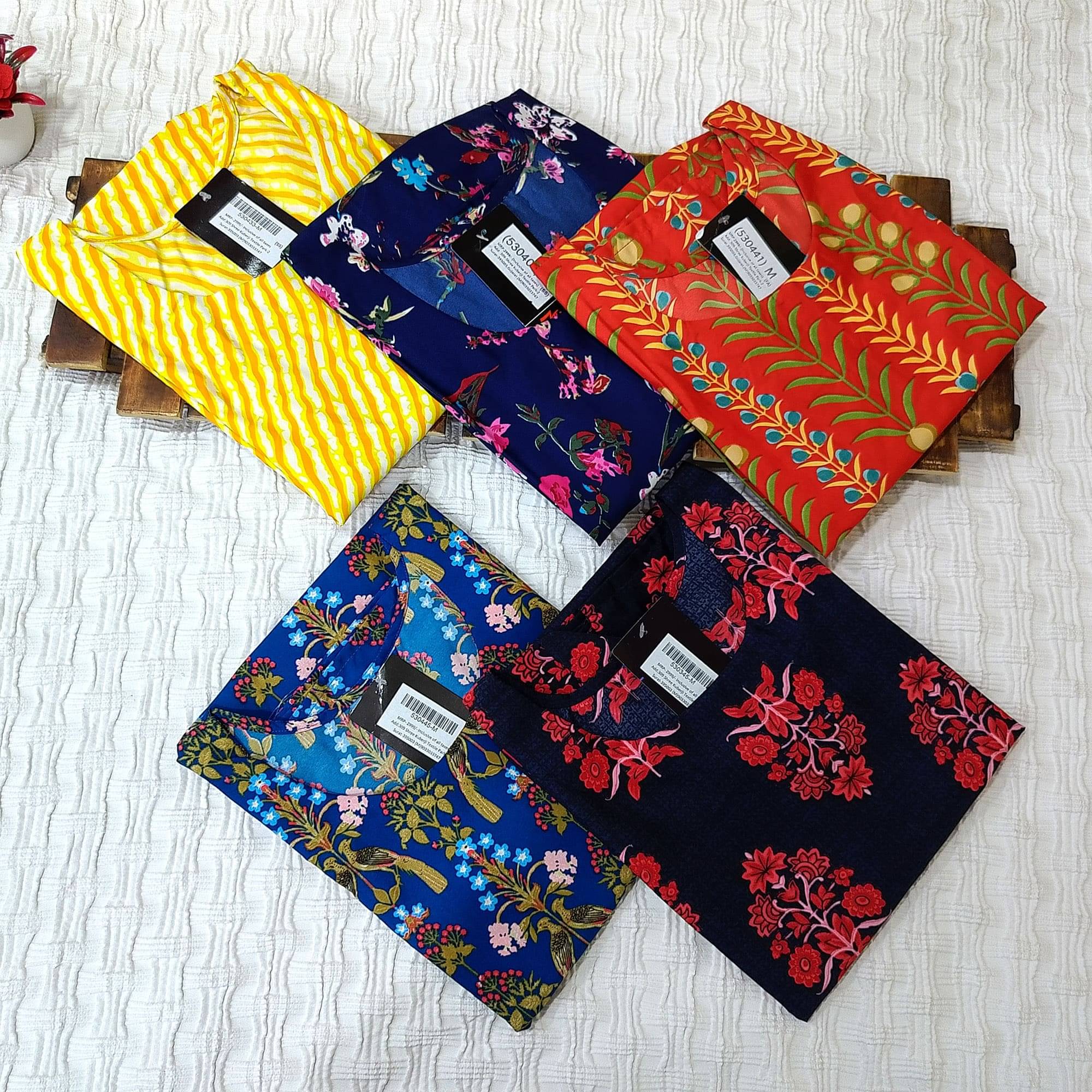 1 Stop Fashion Pack of 5 Crepe Printed Straight Women's Kurti - ( Multicolor4 ) 1 Stop Fashion Pack of 5 Crepe Printed Straight Women's Kurti - ( Multicolor4 )