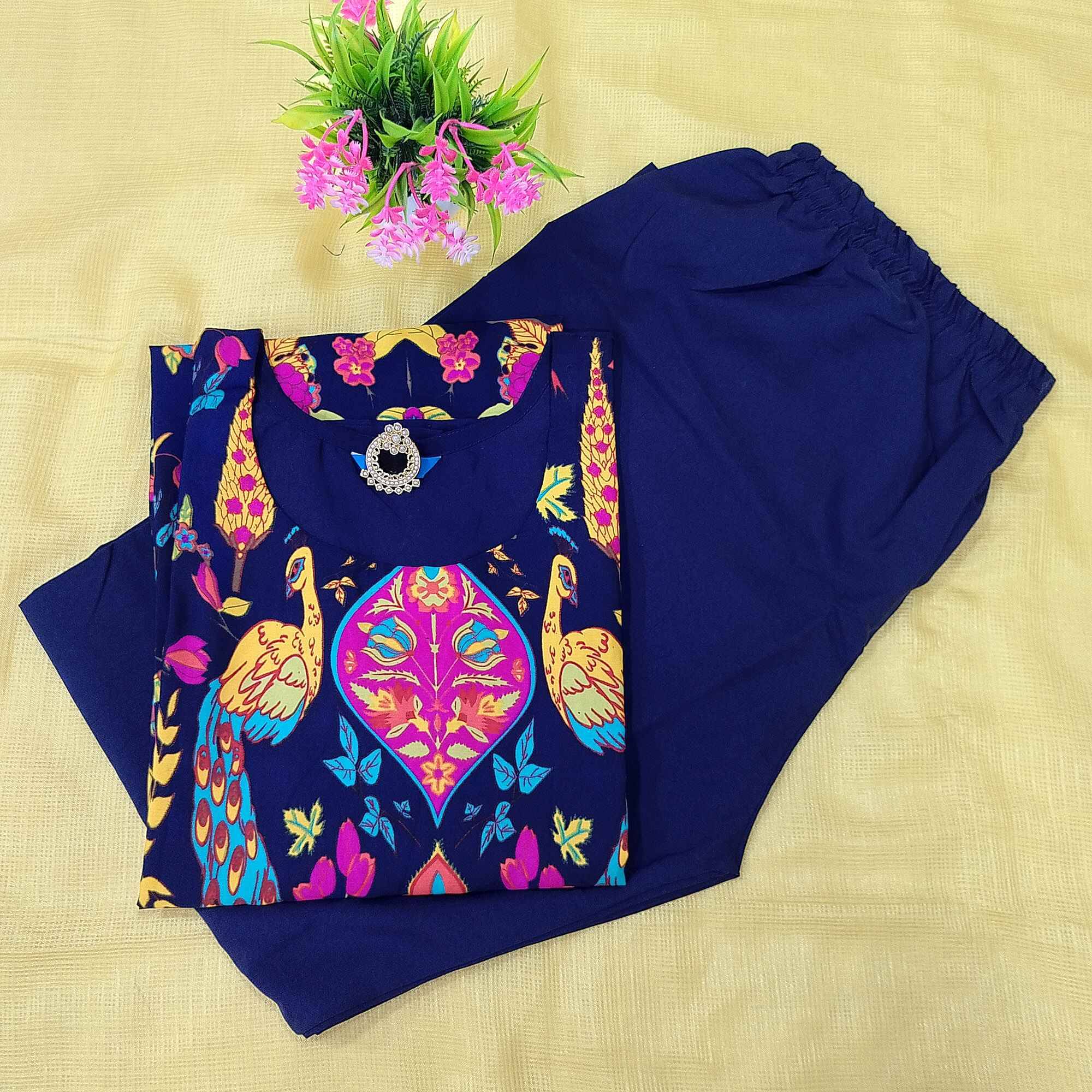     			Ethnicbasket Crepe Printed Kurti With Pants Women's Stitched Salwar Suit - Navy ( Pack of 1 )