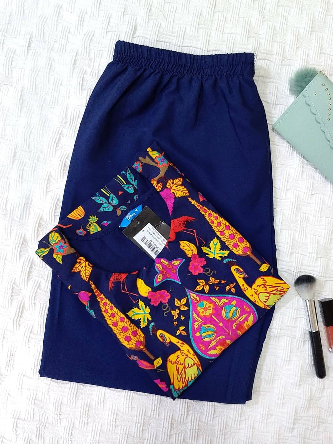 Ethnicbasket Crepe Printed Kurti With Pants Women's Stitched Salwar Suit - Navy ( Pack of 1 )     			Ethnicbasket Crepe Printed Kurti With Pants Women's Stitched Salwar Suit - Navy ( Pack of 1 )