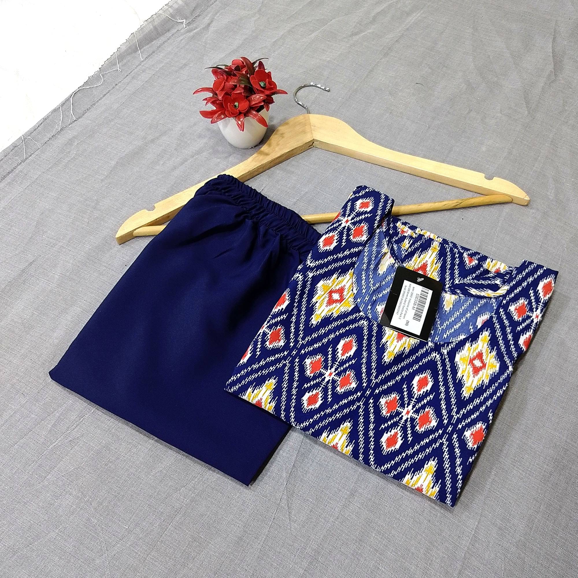 Ethnicbasket Crepe Printed Kurti With Pants Women's Stitched Salwar Suit - Navy Blue ( Pack of 1 )     			Ethnicbasket Crepe Printed Kurti With Pants Women's Stitched Salwar Suit - Navy Blue ( Pack of 1 )