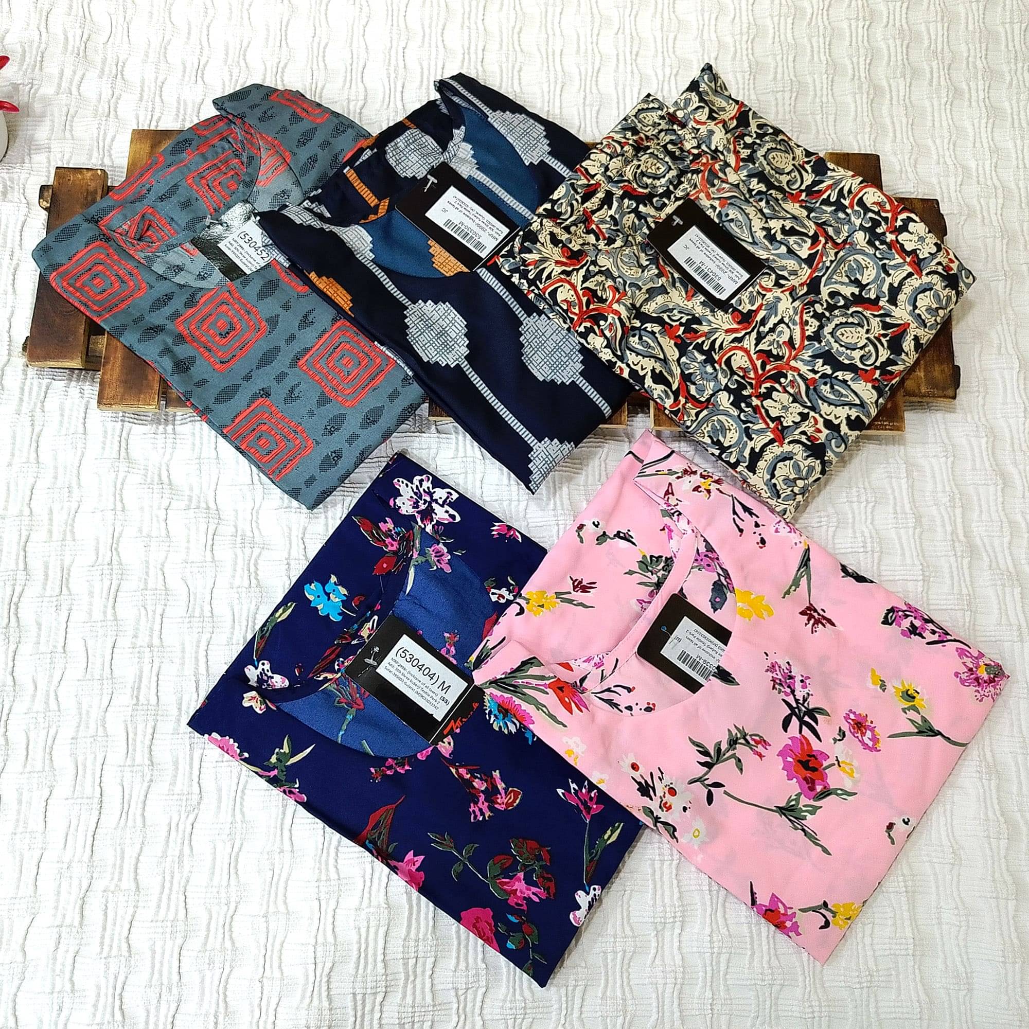 Ethnicbasket Pack of 5 Crepe Printed Straight Women's Kurti - ( Multicolor1 ) Ethnicbasket Pack of 5 Crepe Printed Straight Women's Kurti - ( Multicolor1 )