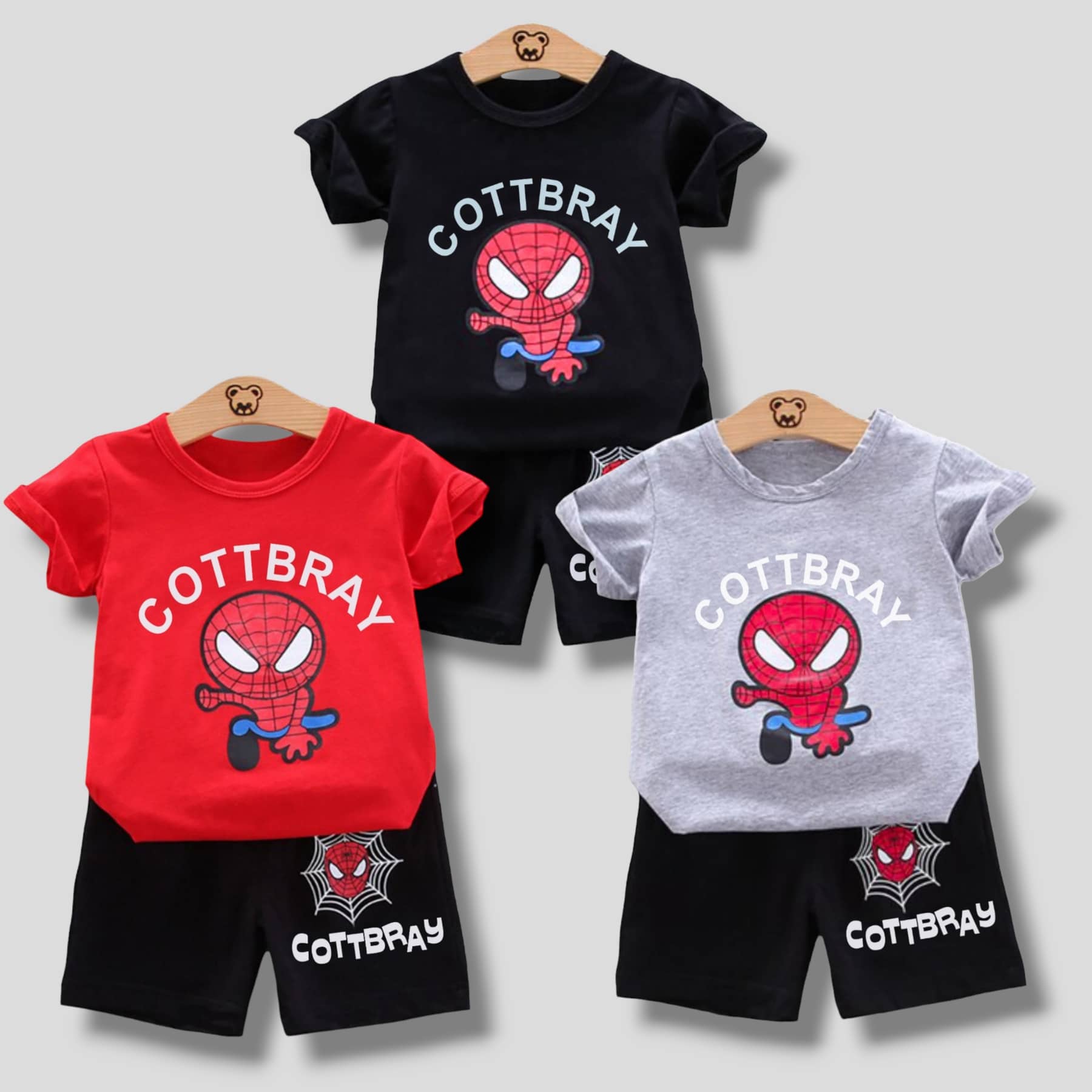 COTTBRAY Pack of 3 Unisex Cotton T-Shirt & Shorts Set ( Black,Red,Grey Melange )