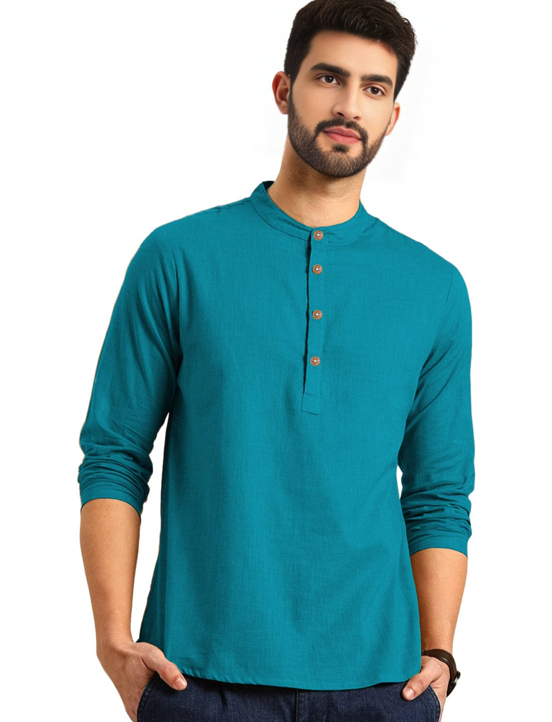 DiAsh Teal Cotton Blend Men's Shirt Style Kurta ( Pack of 1 )     			DiAsh Teal Cotton Blend Men's Shirt Style Kurta ( Pack of 1 )
