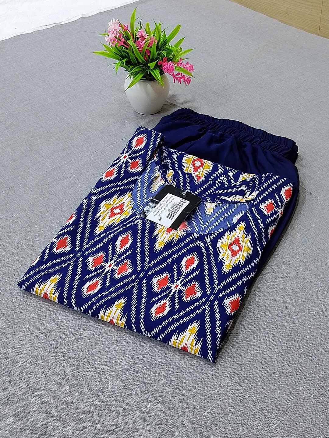     			Ethnicbasket Crepe Printed Kurti With Pants Women's Stitched Salwar Suit - Navy Blue ( Pack of 1 )