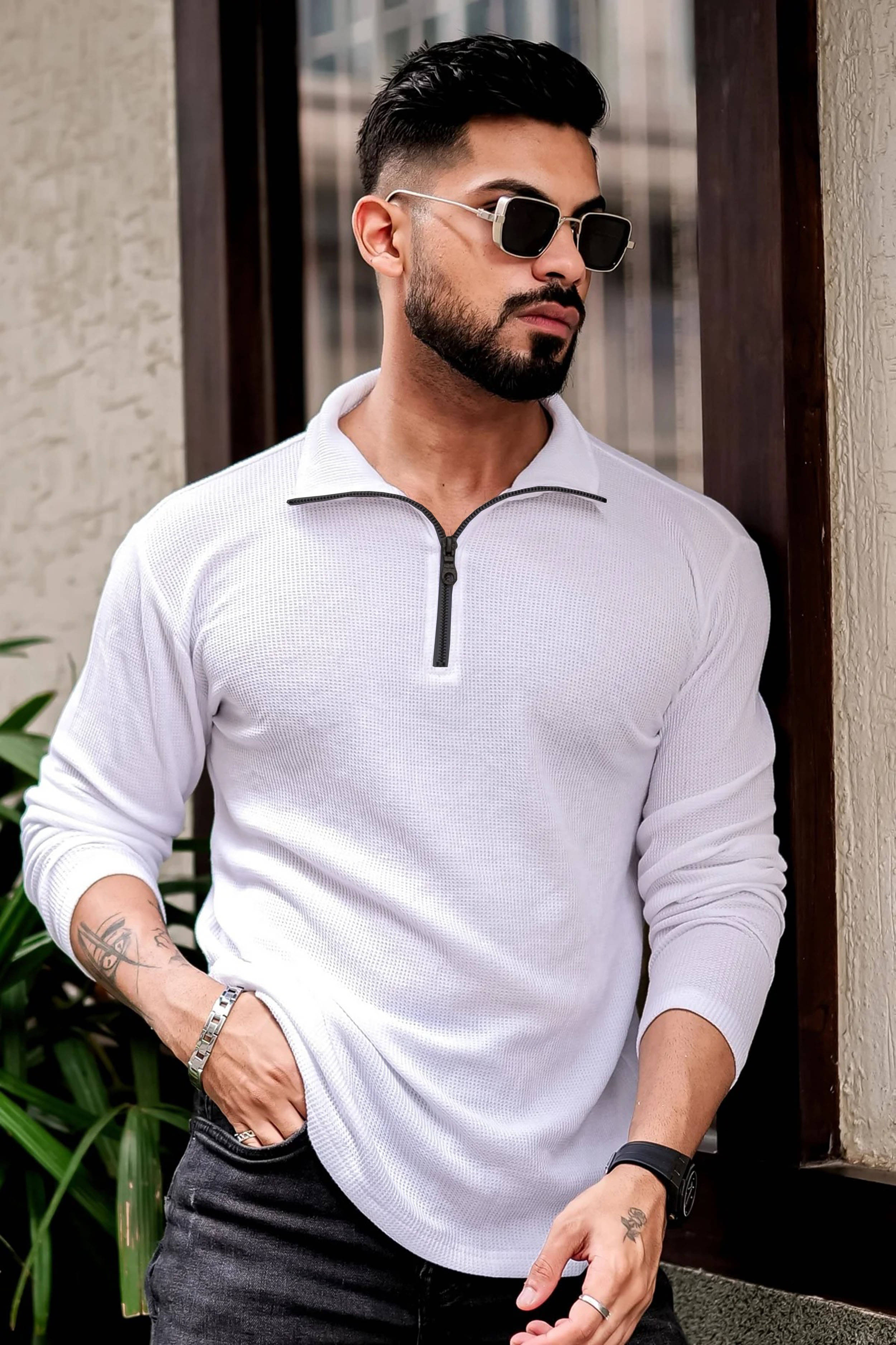Lecowar Cotton Blend Regular Fit Printed Full Sleeves Men's Mandarin Collar T-Shirt - White ( Pack of 1 ) Lecowar Cotton Blend Regular Fit Printed Full Sleeves Men's Mandarin Collar T-Shirt - White ( Pack of 1 )