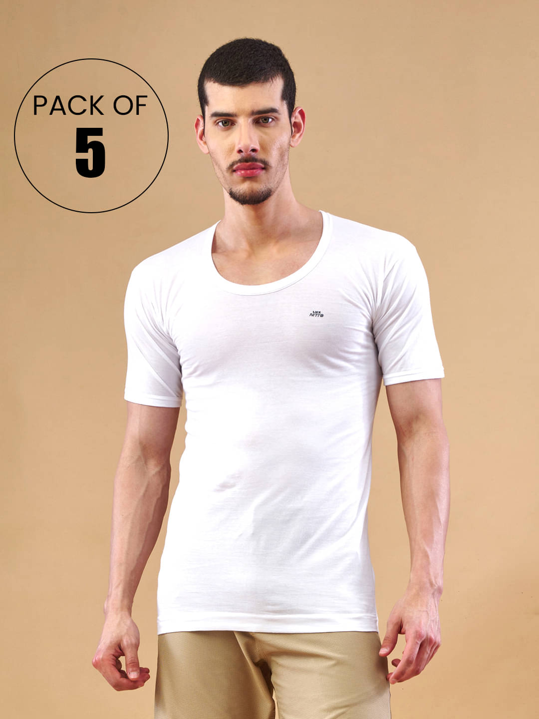     			Lux Nitro Pack of 5 Cotton Basic Vest For Men ( White )