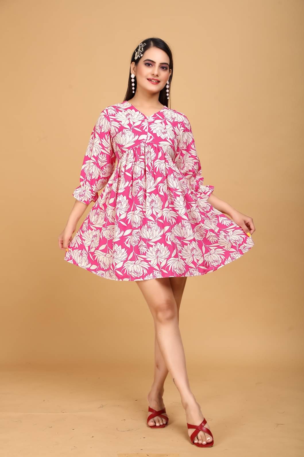     			MEHUL TEXTILE / MVC GROUP OF COMPANY Rayon Printed Above Knee Women's Fit & Flare Dress - Pink ( Pack of 1 )