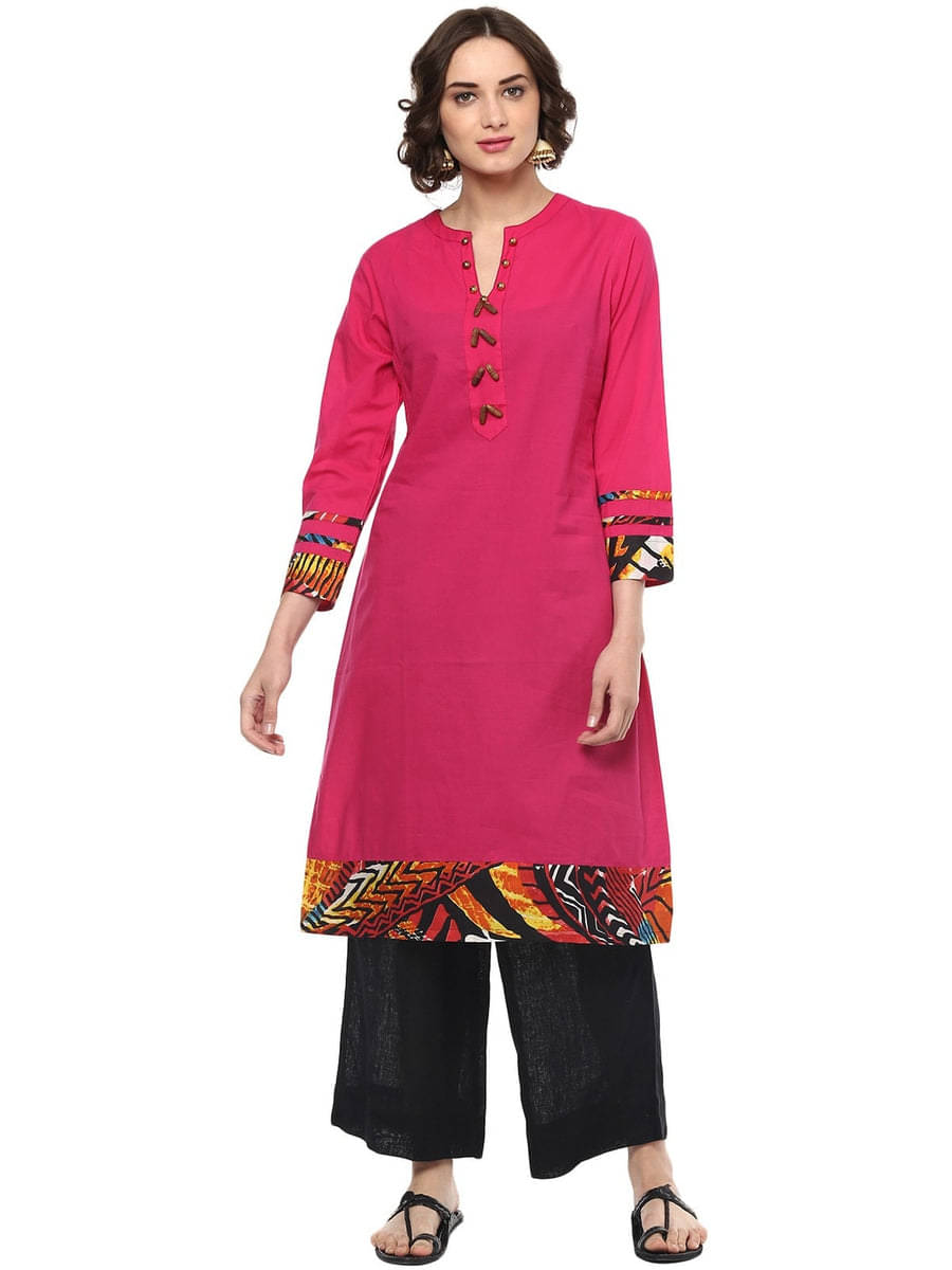     			Pannkh Pack of 1 Cotton Printed Asymmetrical Women's Kurti - ( Pink )