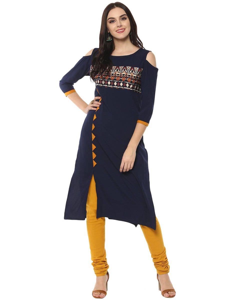     			Pannkh Pack of 1 Crepe Solid Asymmetrical Women's Kurti - ( Navy Blue )