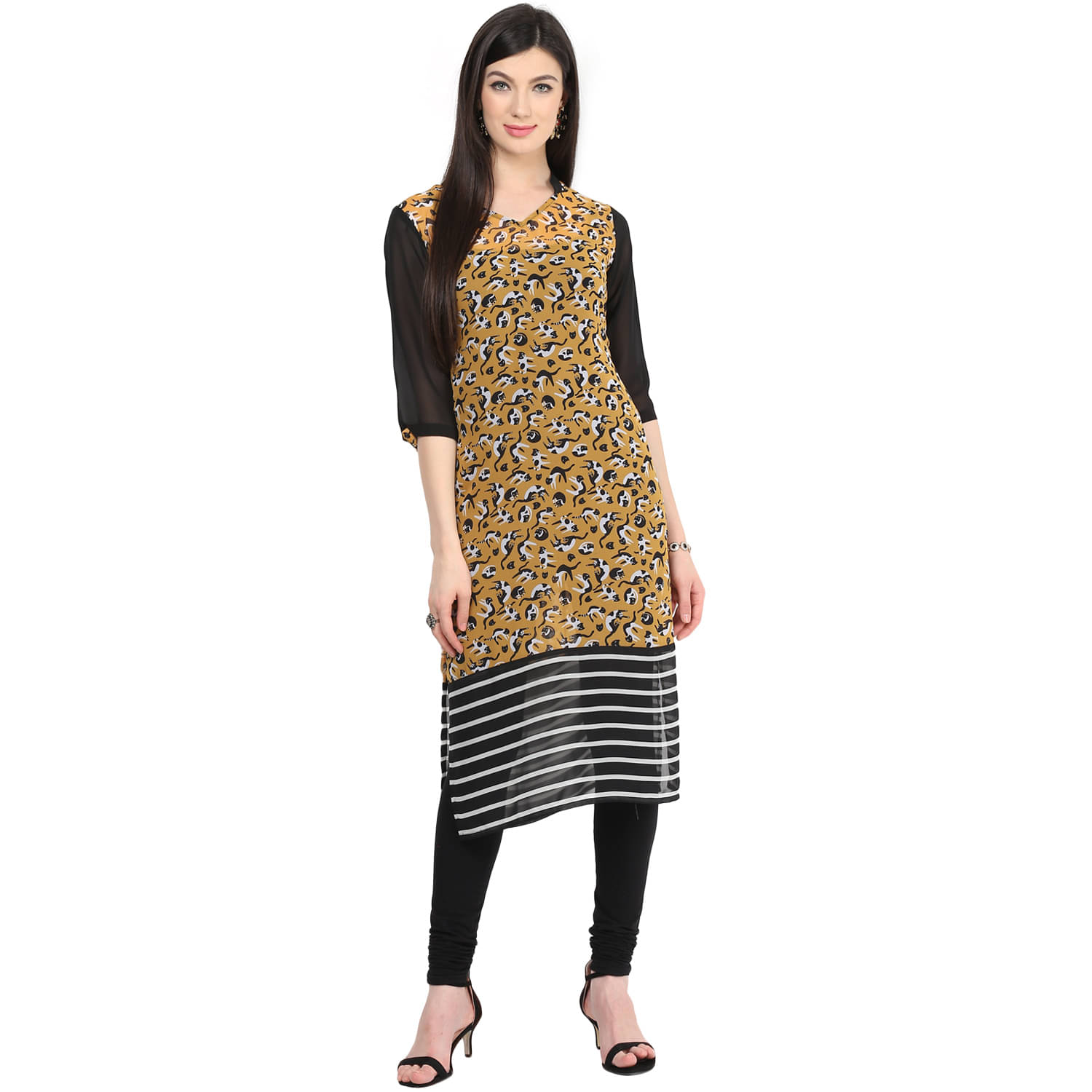 Pannkh Pack of 1 Georgette Printed Asymmetrical Women's Kurti - ( Yellow ) Pannkh Pack of 1 Georgette Printed Asymmetrical Women's Kurti - ( Yellow )