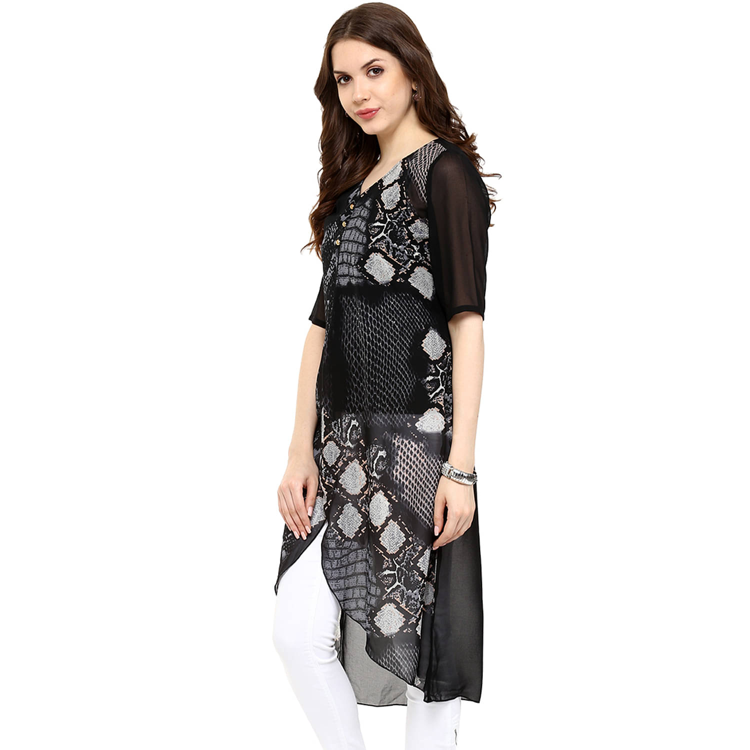     			Pannkh Pack of 1 Georgette Printed Asymmetrical Women's Kurti - ( Black )