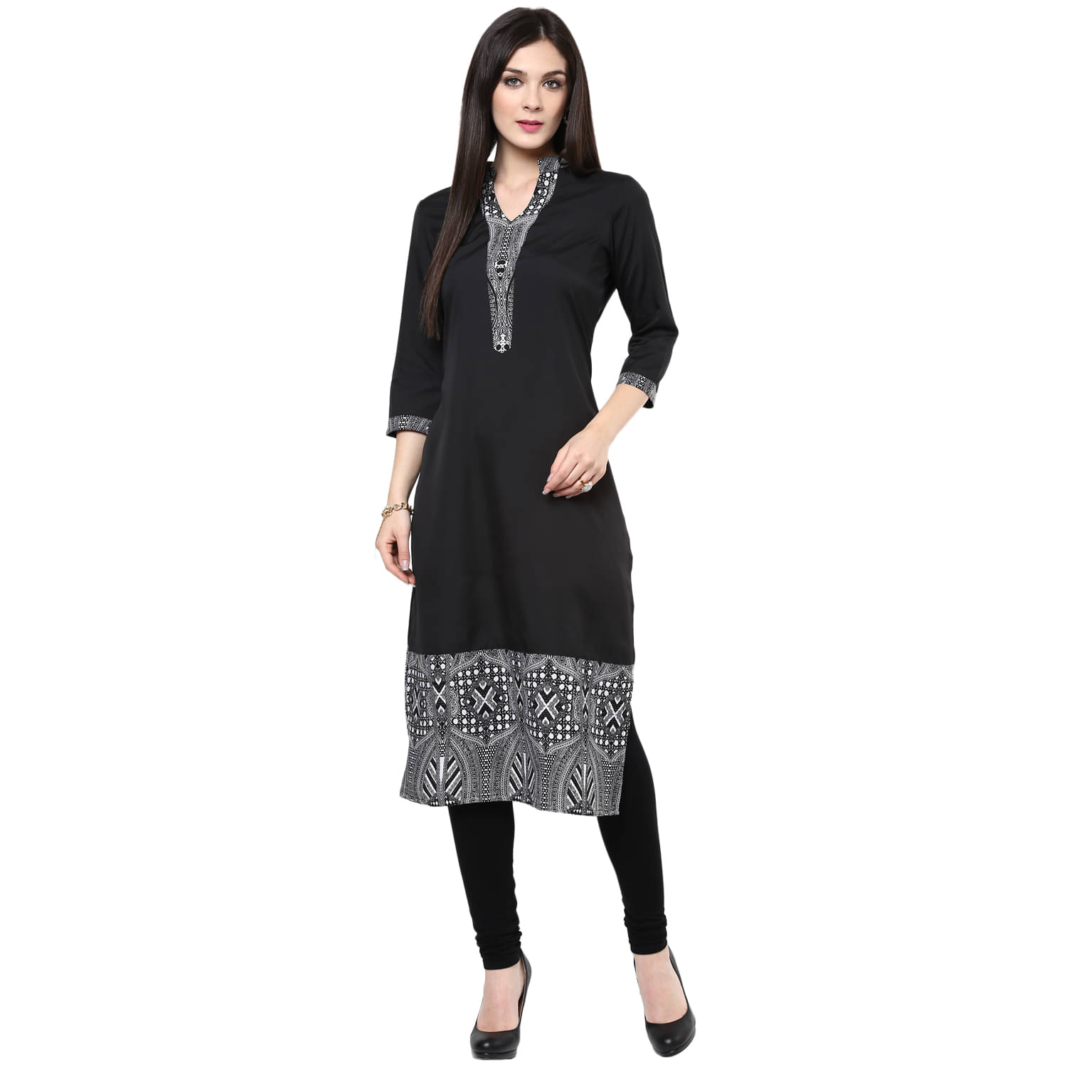     			Pannkh Pack of 1 Polyester Printed Asymmetrical Women's Kurti - ( Black )
