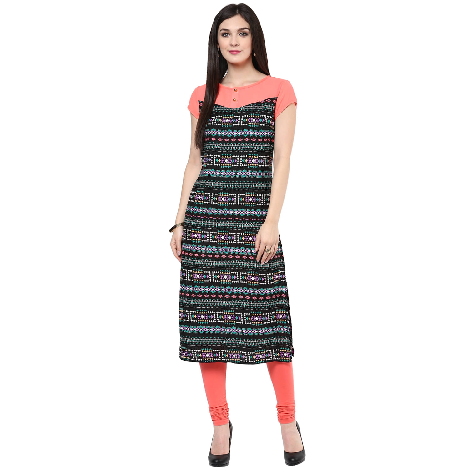     			Pannkh Pack of 1 Polyester Printed Asymmetrical Women's Kurti - ( Black )