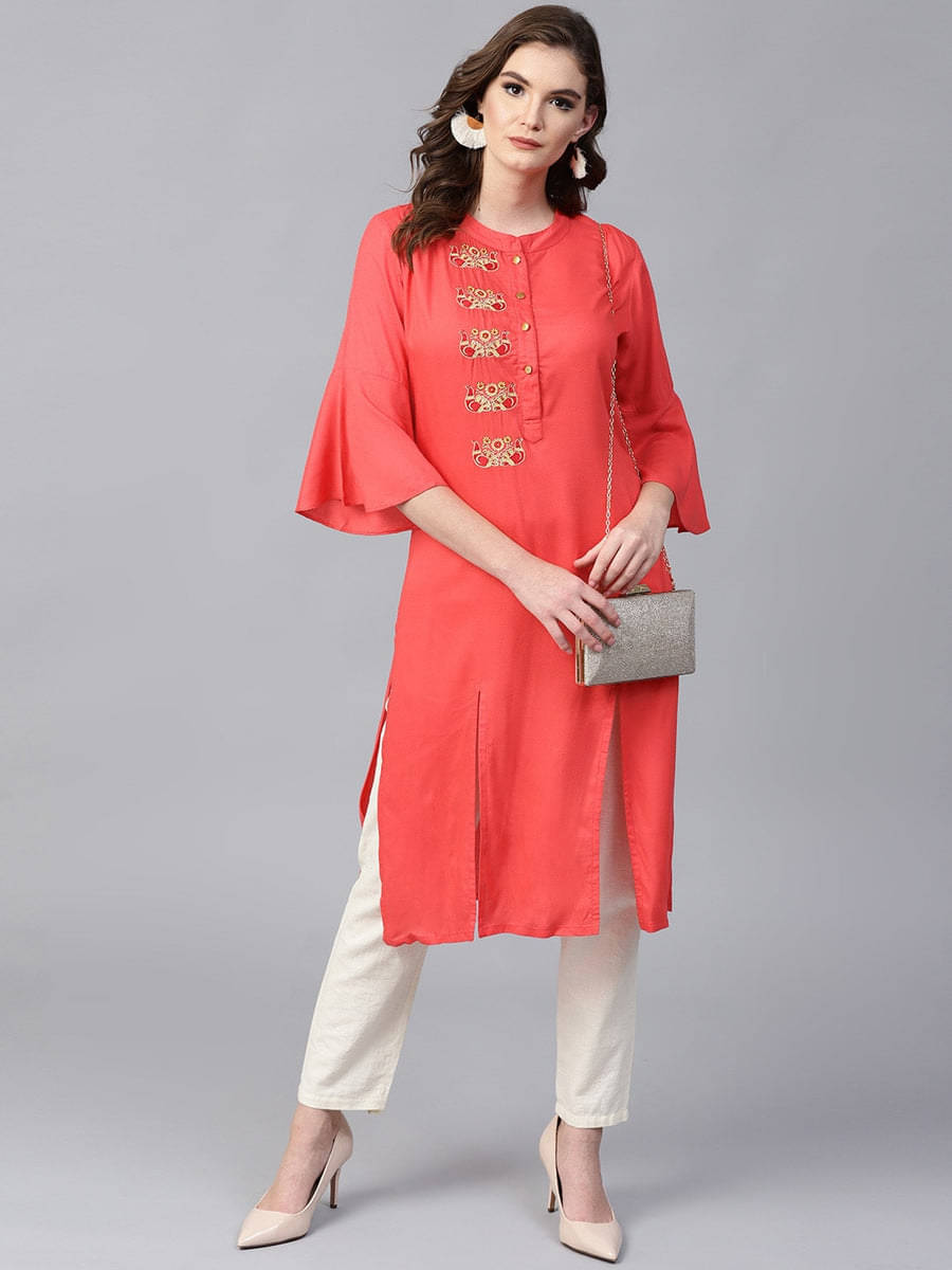 Pannkh Pack of 1 Rayon Colorblock Asymmetrical Women's Kurti - ( Red ) Pannkh Pack of 1 Rayon Colorblock Asymmetrical Women's Kurti - ( Red )