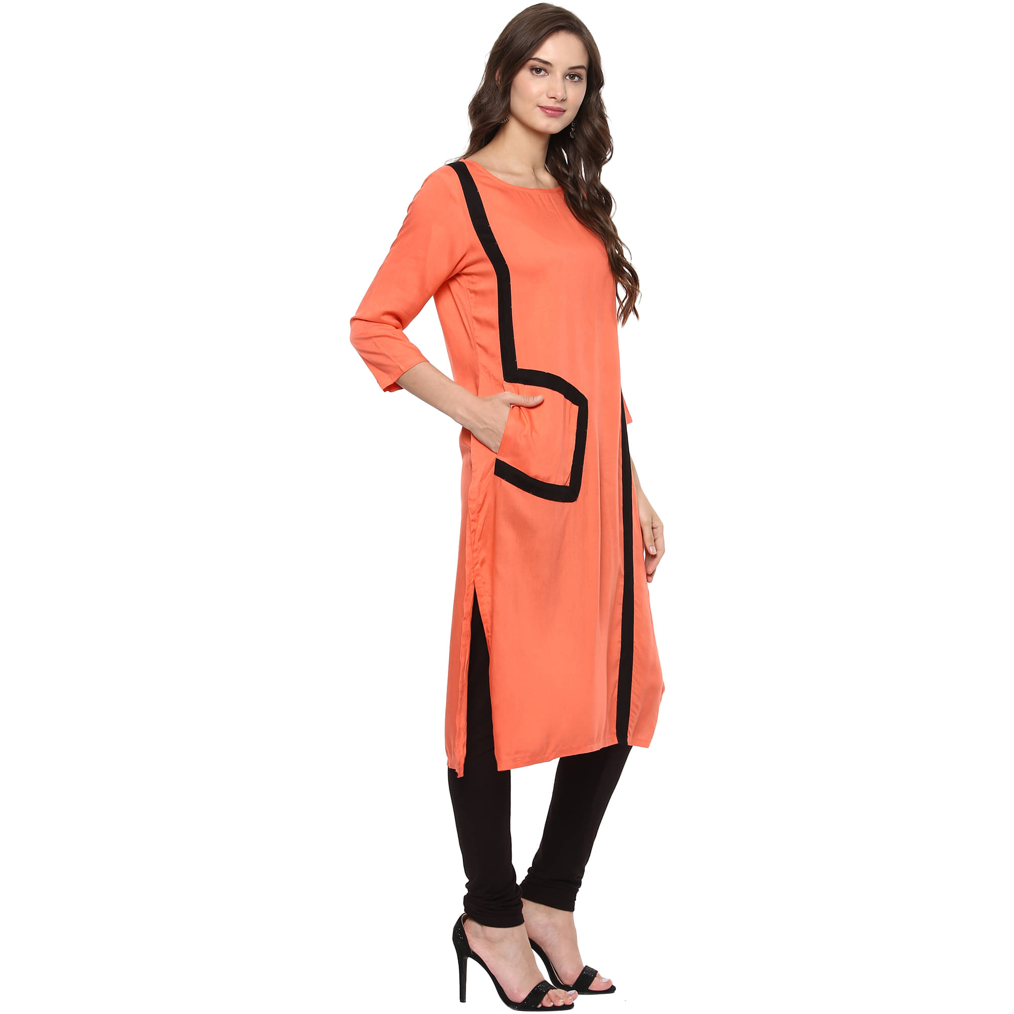     			Pannkh Pack of 1 Rayon Solid Asymmetrical Women's Kurti - ( Coral )