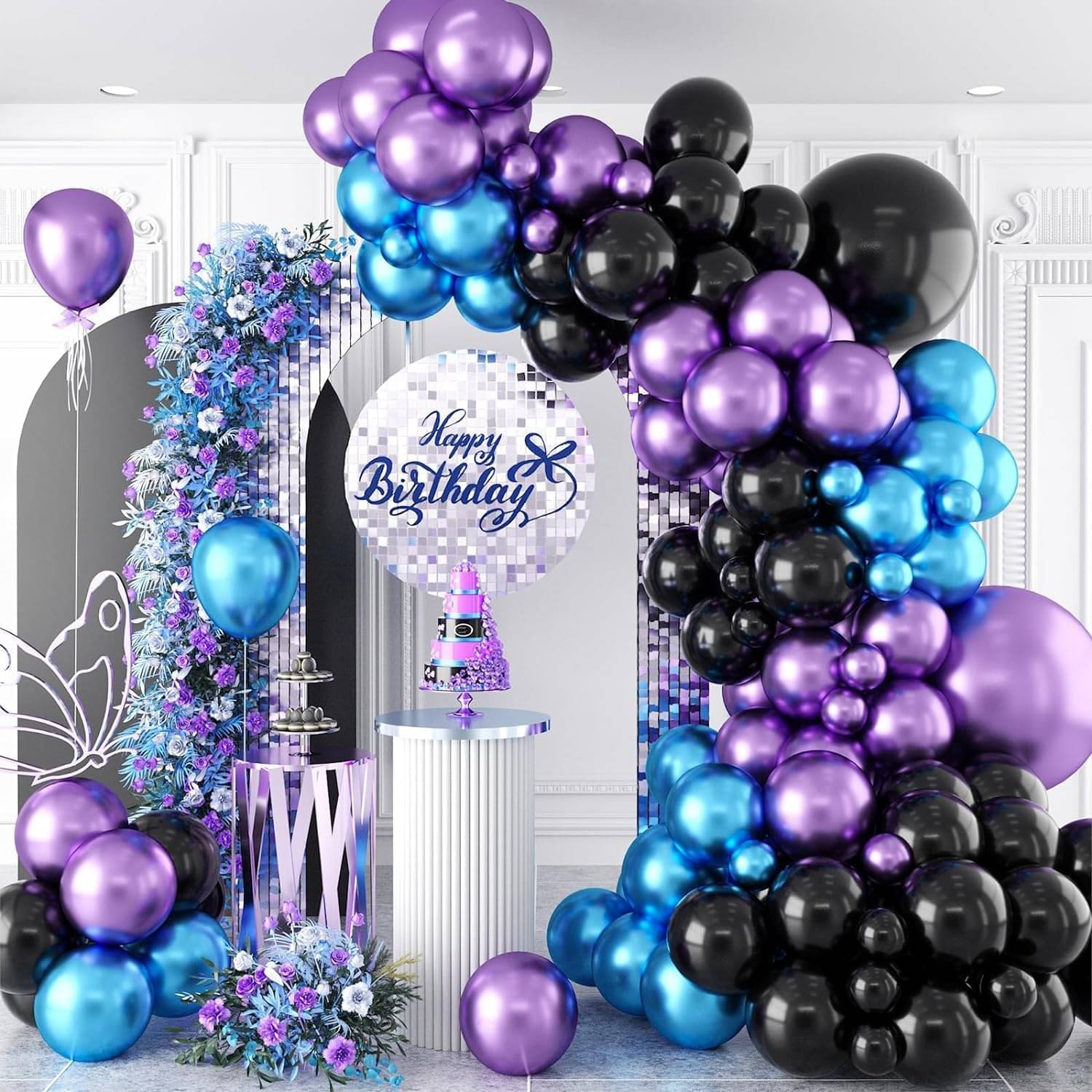     			PartyBooms 25 pcs Black Blue Purple Metallic Chrome Balloons for Birthday Decoration items celebration Anniversary Girls Boys Men Women