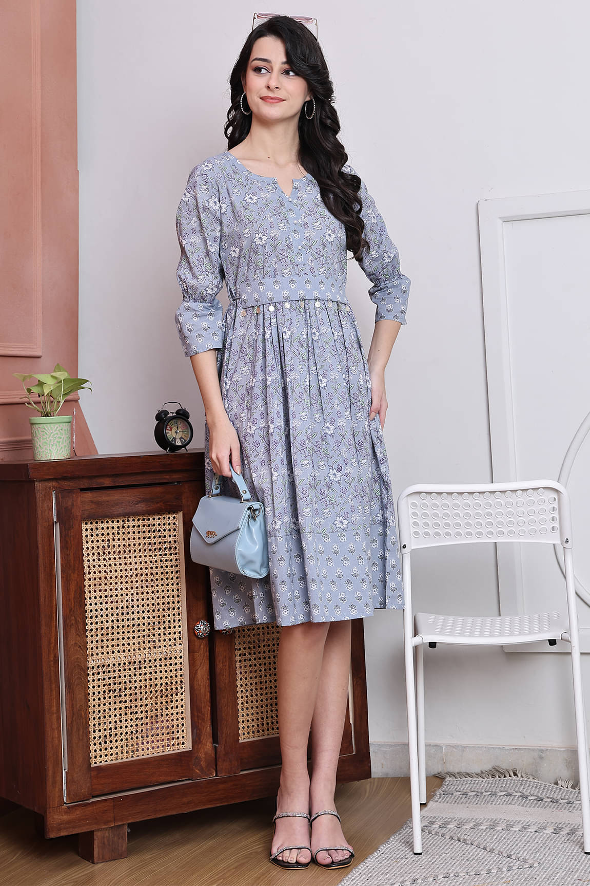 Rajnandini Women Cotton Printed Fit & Flare Dress ( Grey ) Rajnandini Women Cotton Printed Fit & Flare Dress ( Grey )