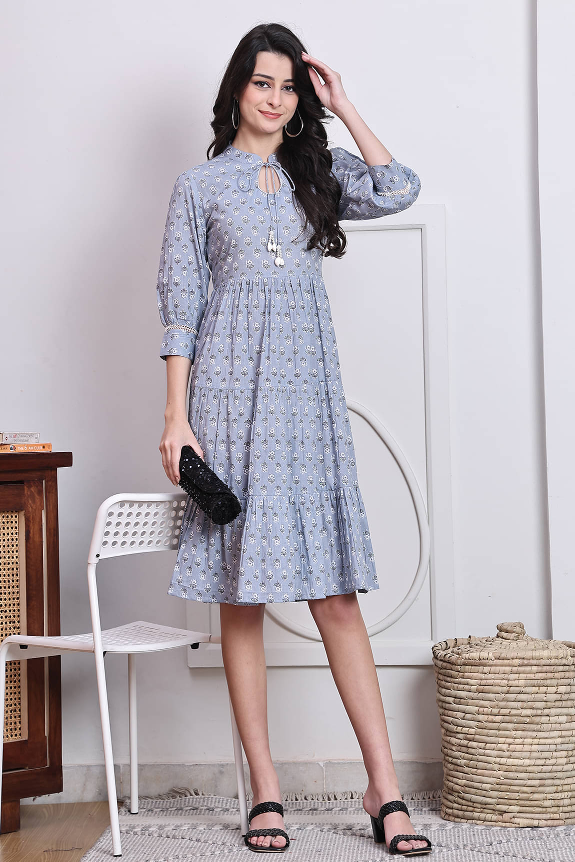     			Rajnandini Women Cotton Printed Fit & Flare Dress ( Grey )