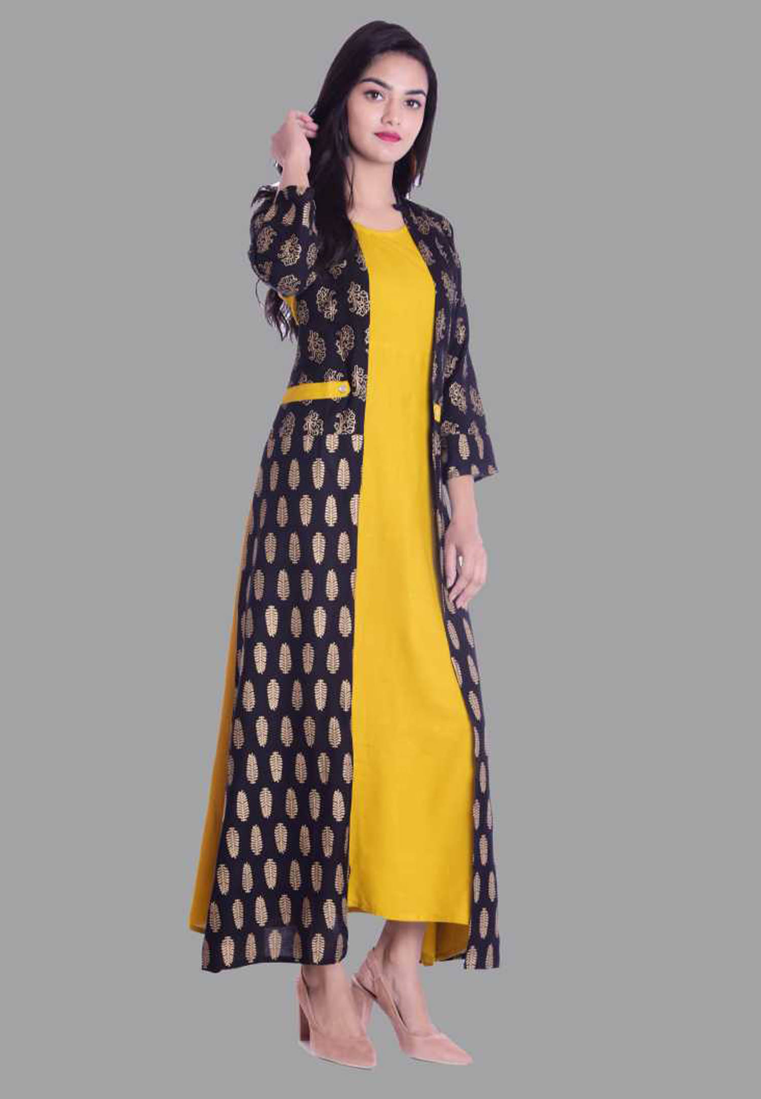 SHREE JEE FABRICS Pack of 1 Rayon Printed Flared Women's Kurti - ( Mustard ) SHREE JEE FABRICS Pack of 1 Rayon Printed Flared Women's Kurti - ( Mustard )