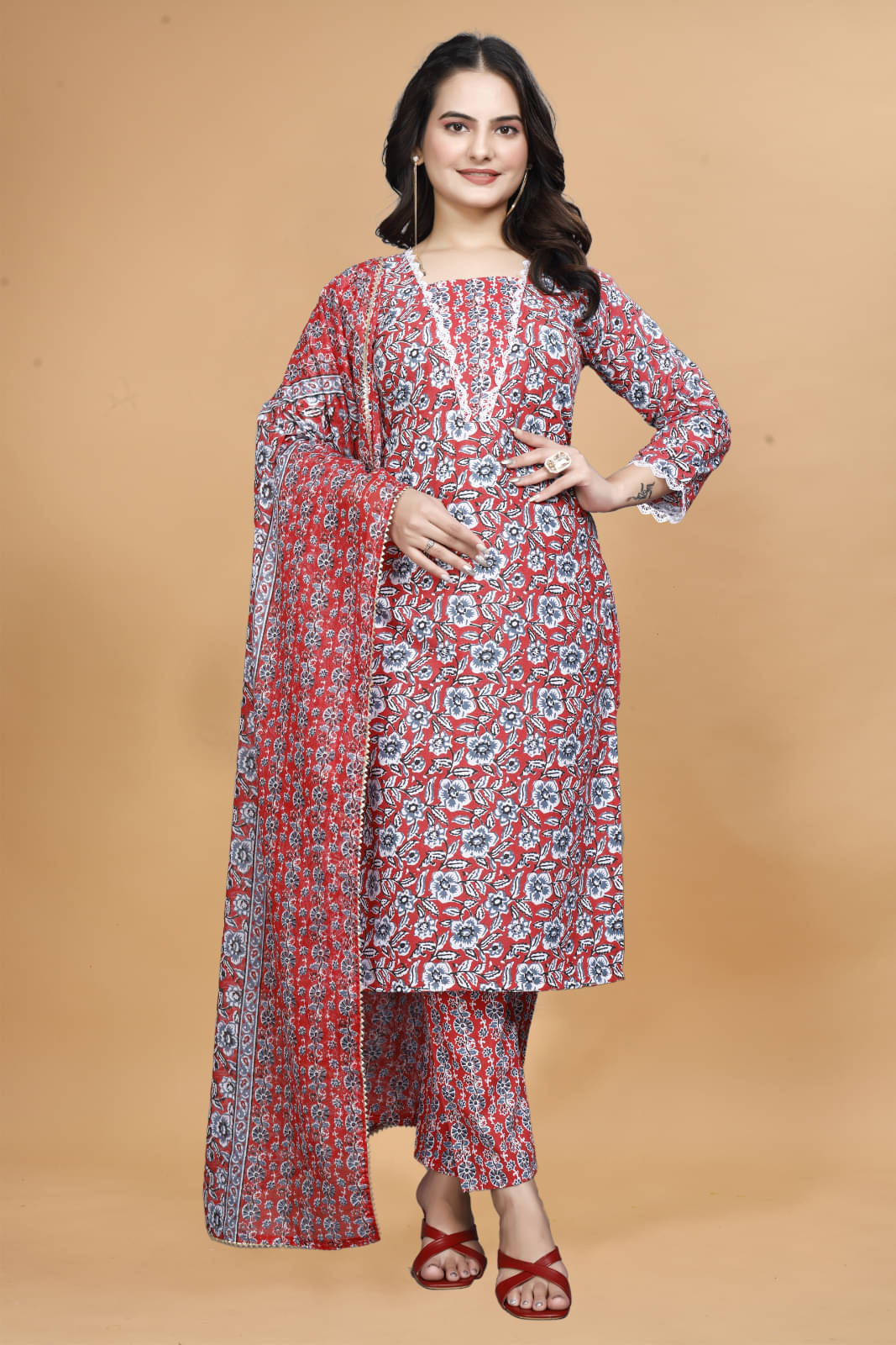 Sanjana Silks Cotton Printed Kurti With Pants Women's Stitched Salwar Suit - Red ( Pack of 1 ) Sanjana Silks Cotton Printed Kurti With Pants Women's Stitched Salwar Suit - Red ( Pack of 1 )