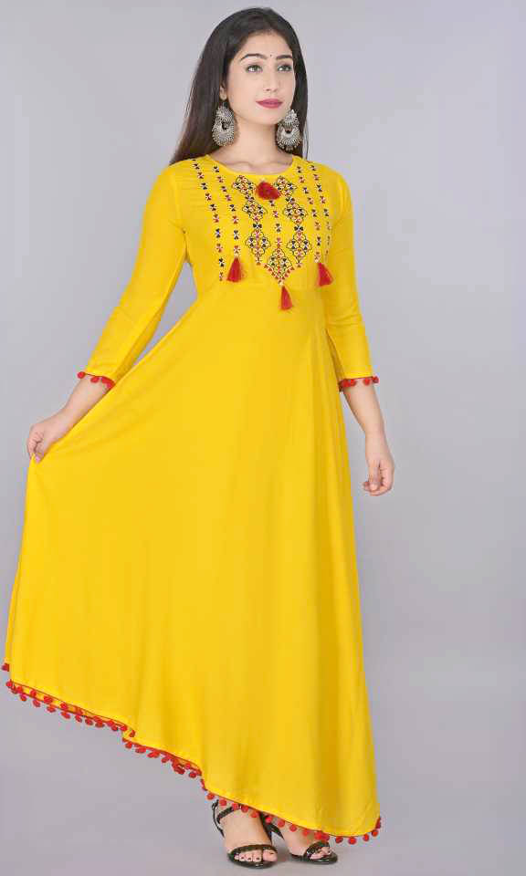     			Shree Jee Fashion Pack of 1 Rayon Embroidered Anarkali Women's Kurti - ( Yellow )