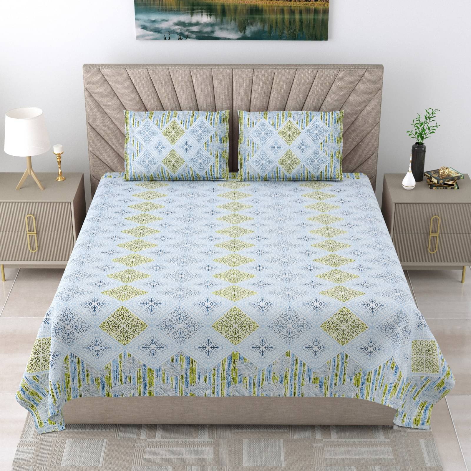     			Shubastik Cotton 1 Double Queen Bedsheet with 2 Pillow Covers ( Blue )
