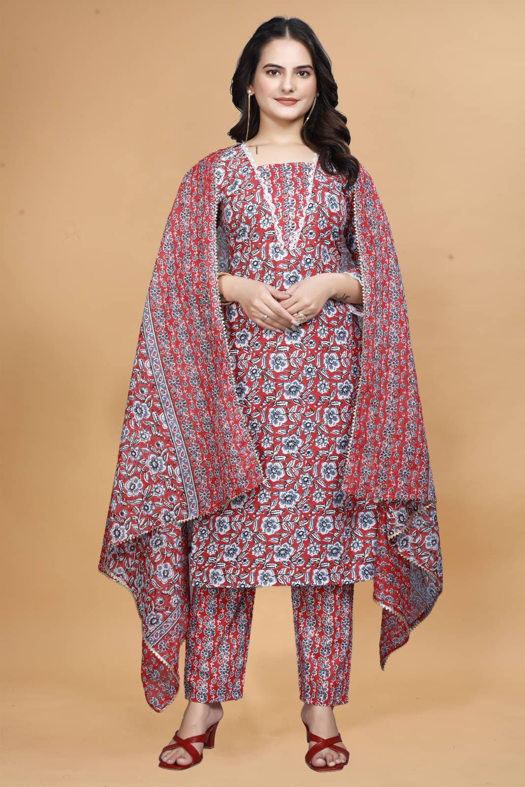 Sitanjali Cotton Printed Kurti With Pants Women's Stitched Salwar Suit - Red ( Pack of 1 ) Sitanjali Cotton Printed Kurti With Pants Women's Stitched Salwar Suit - Red ( Pack of 1 )