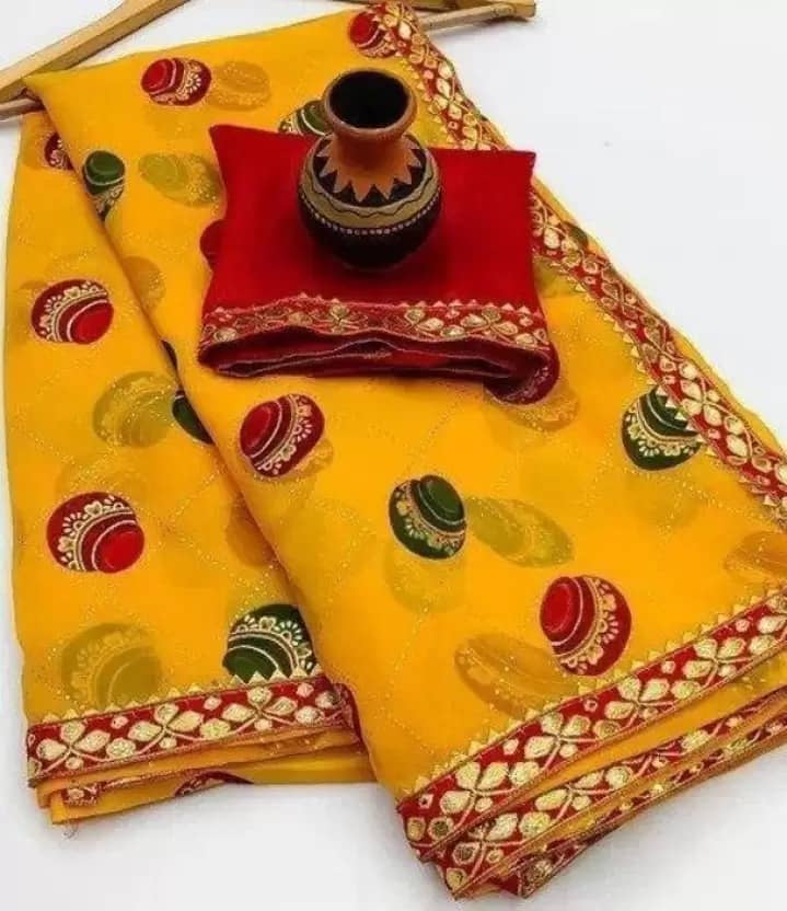 Suntex Georgette Embellished Saree With Unstitched Blouse Piece ( Yellow ) - Sarees | Buy online on ZillyBuy