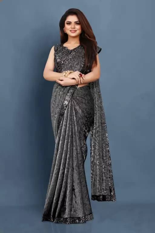 Suntex Lycra Self Design Saree With Unstitched Blouse Piece ( Grey ) Suntex Lycra Self Design Saree With Unstitched Blouse Piece ( Grey )