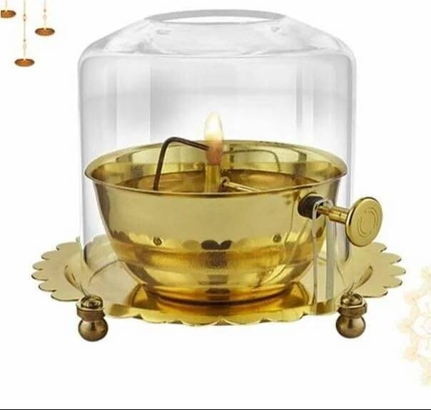     			T-KA108 Golden brass Akhand Diya oil lamp with lifting wick holder, glass cover, decor. ( 5.5 inches )