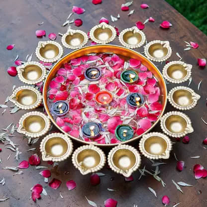     			T-KA108 Brass Urli Bowl with Diya Potpourri Bowl For Home Decor & Festival Gifting Dia 15 inches