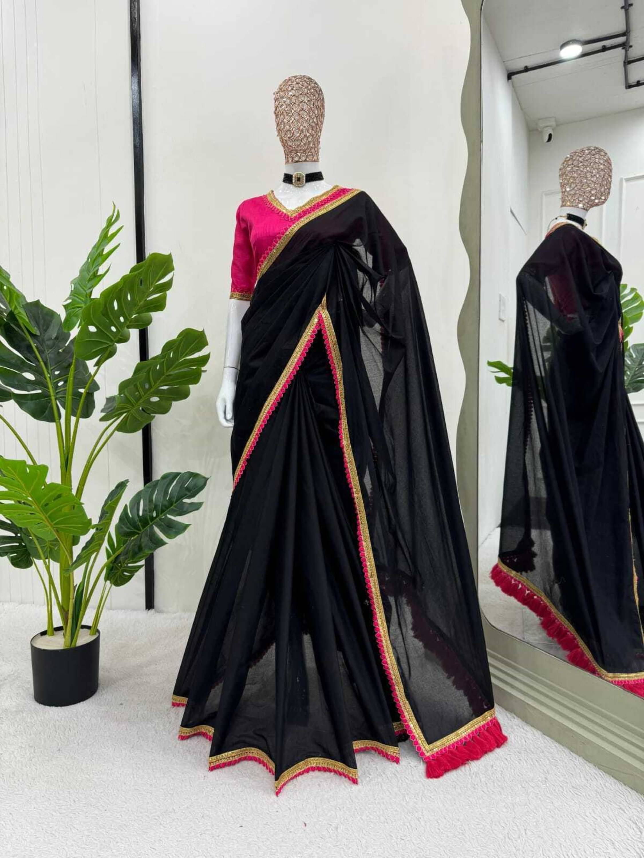     			Vastukala Georgette Embellished Saree With Unstitched Blouse Piece ( Black )